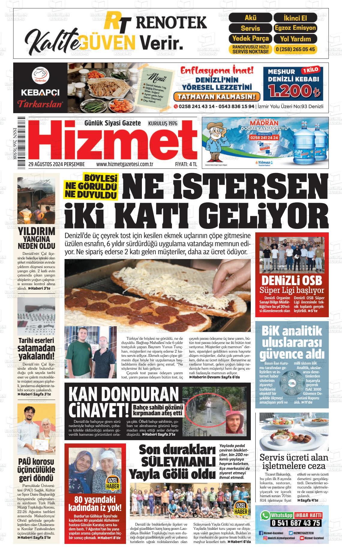 29 Ağustos 2024 Hizmet Gazete Manşeti