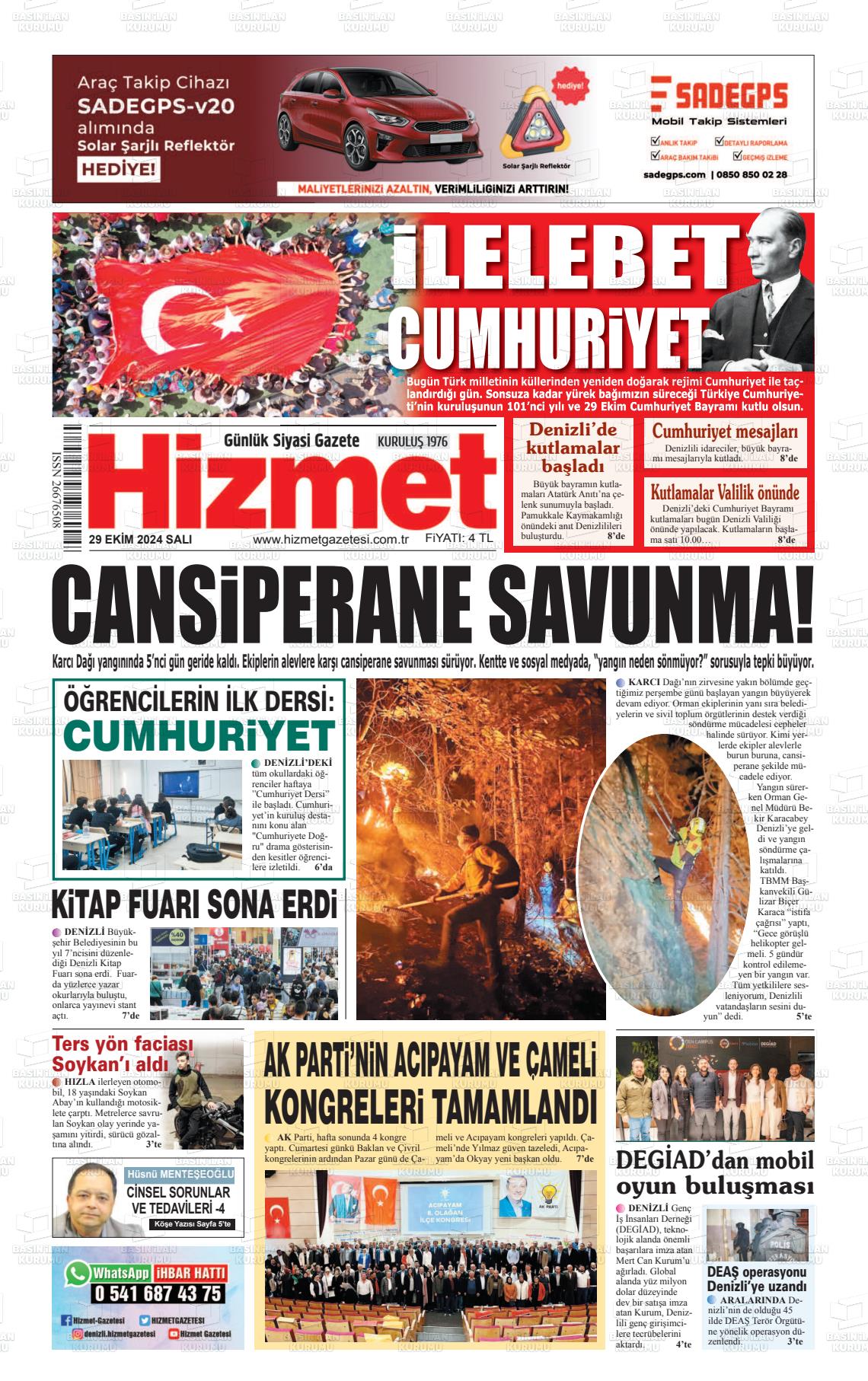 29 Ekim 2024 Hizmet Gazete Manşeti