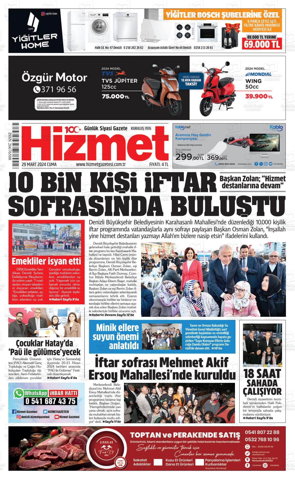 29 Mart 2024 Hizmet Gazete Manşeti