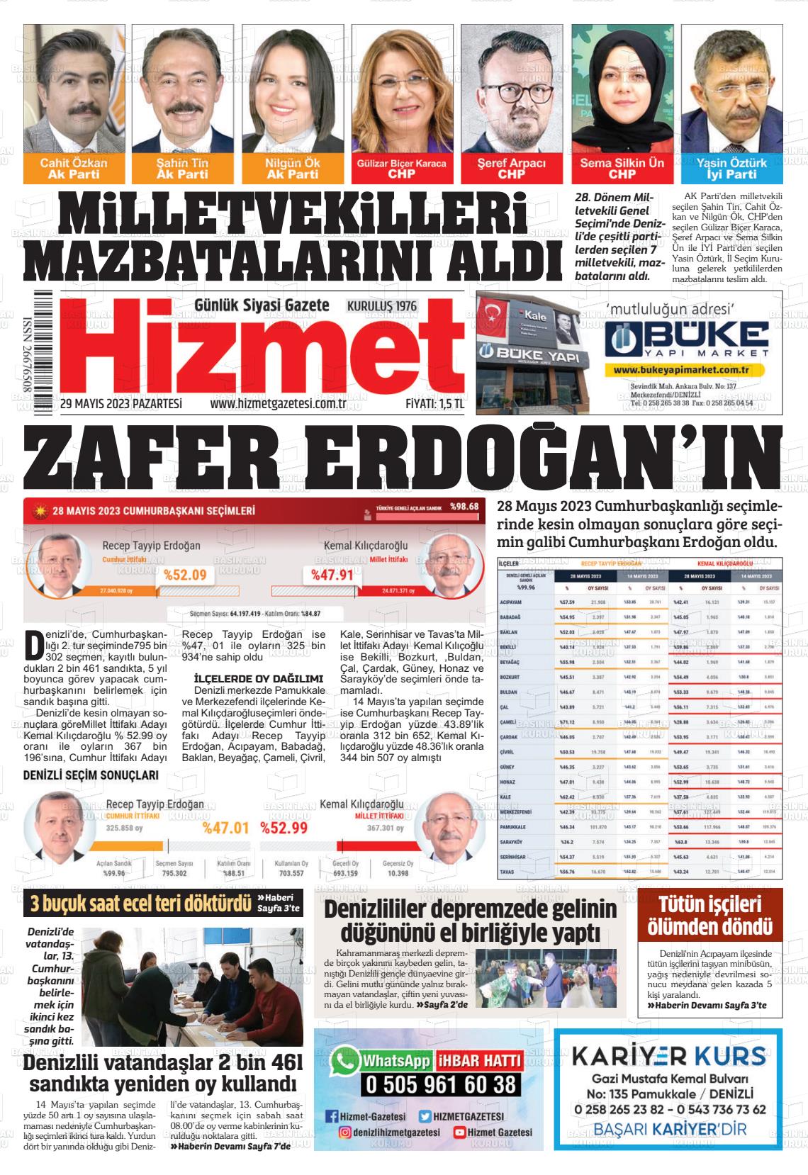 29 Mayıs 2023 Hizmet Gazete Manşeti