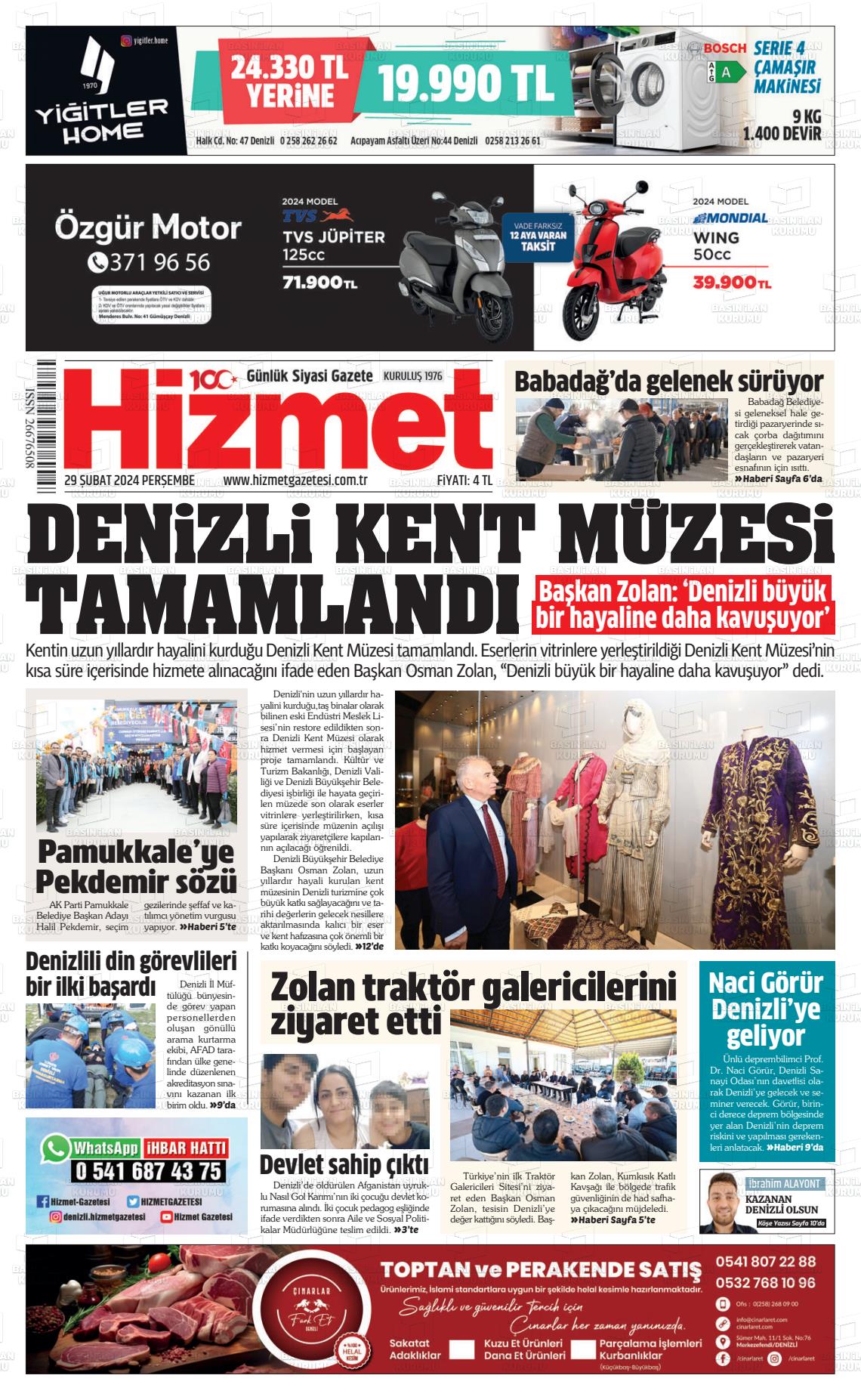 29 Şubat 2024 Hizmet Gazete Manşeti