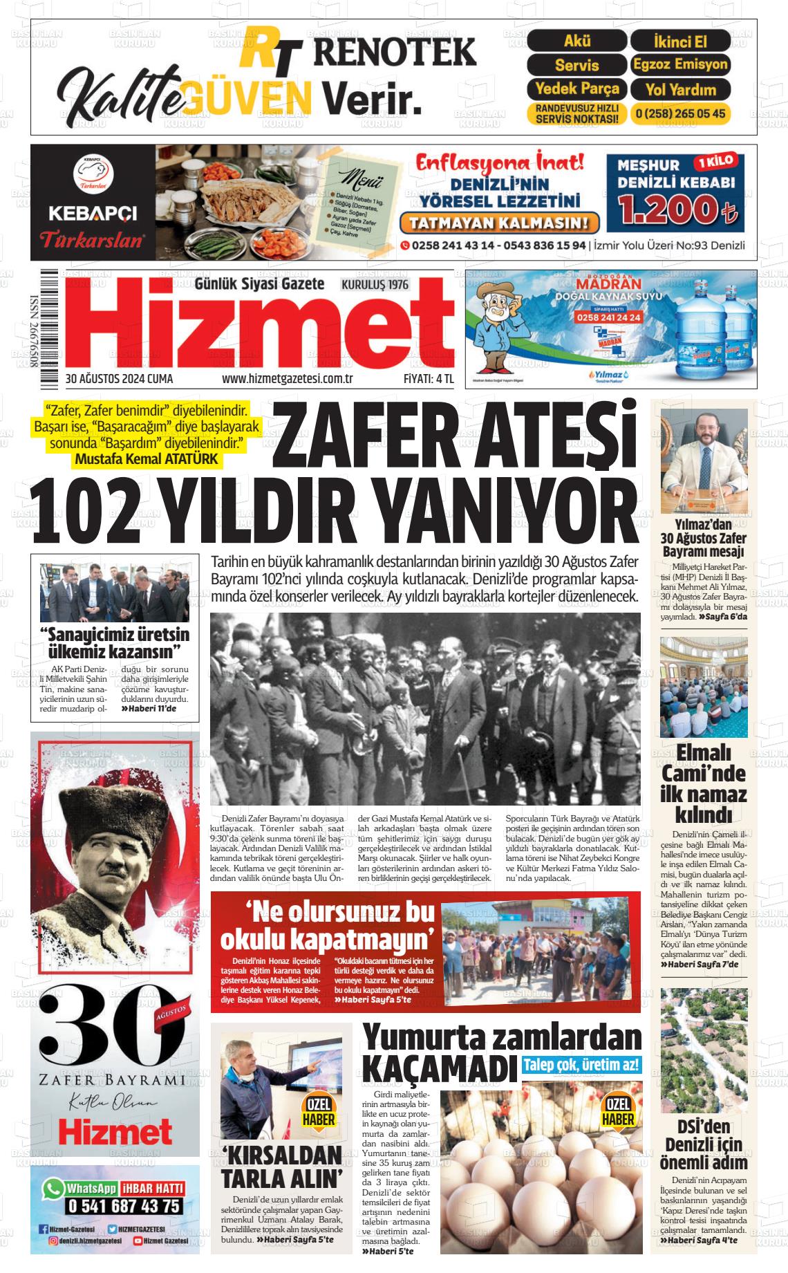 30 Ağustos 2024 Hizmet Gazete Manşeti