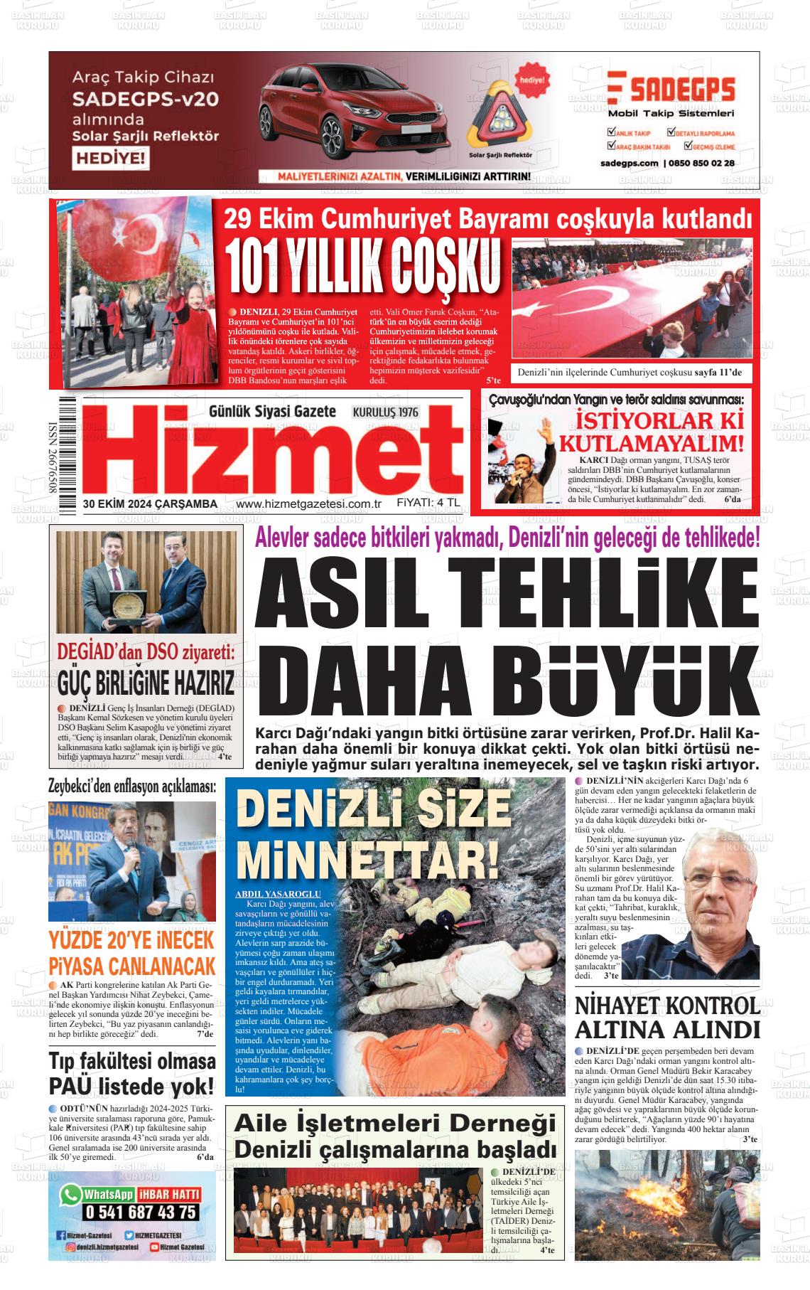 30 Ekim 2024 Hizmet Gazete Manşeti