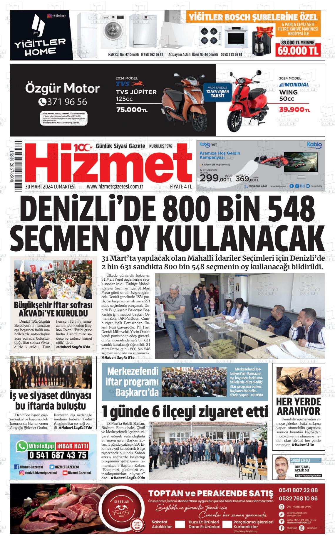 30 Mart 2024 Hizmet Gazete Manşeti