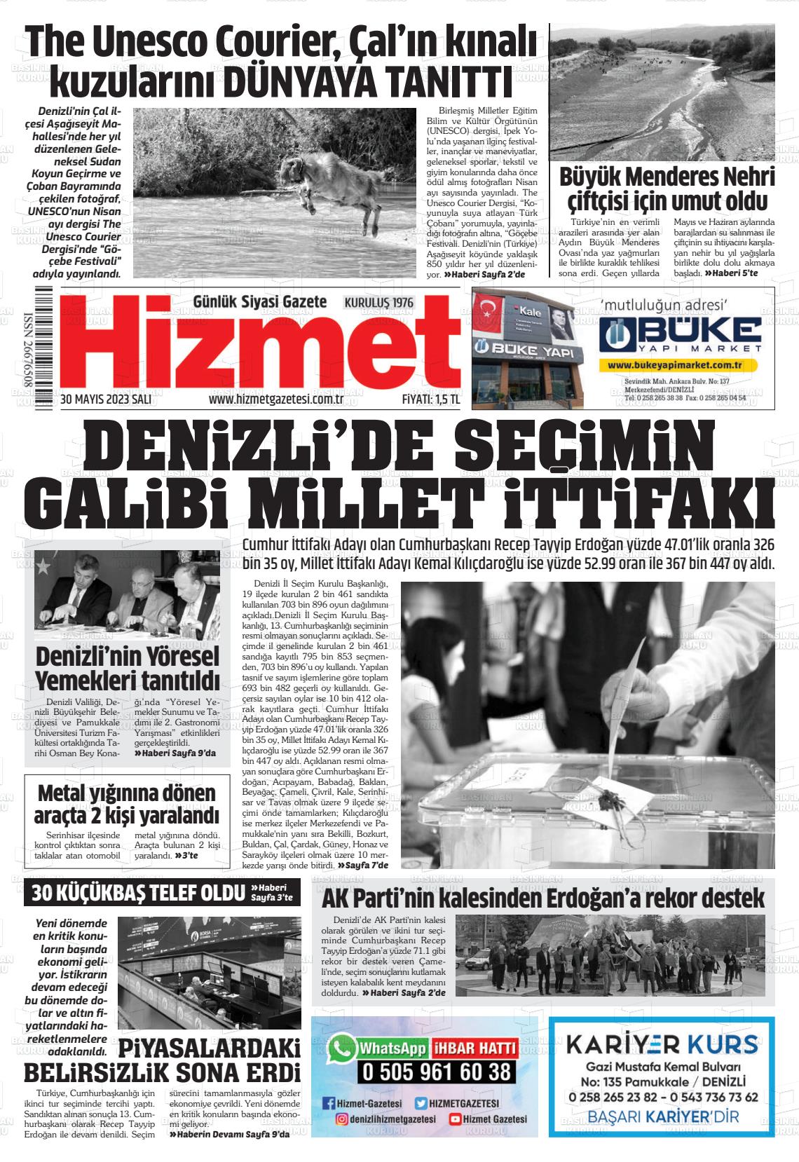 30 Mayıs 2023 Hizmet Gazete Manşeti