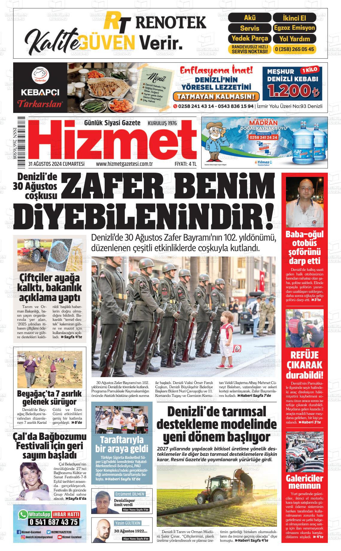 31 Ağustos 2024 Hizmet Gazete Manşeti