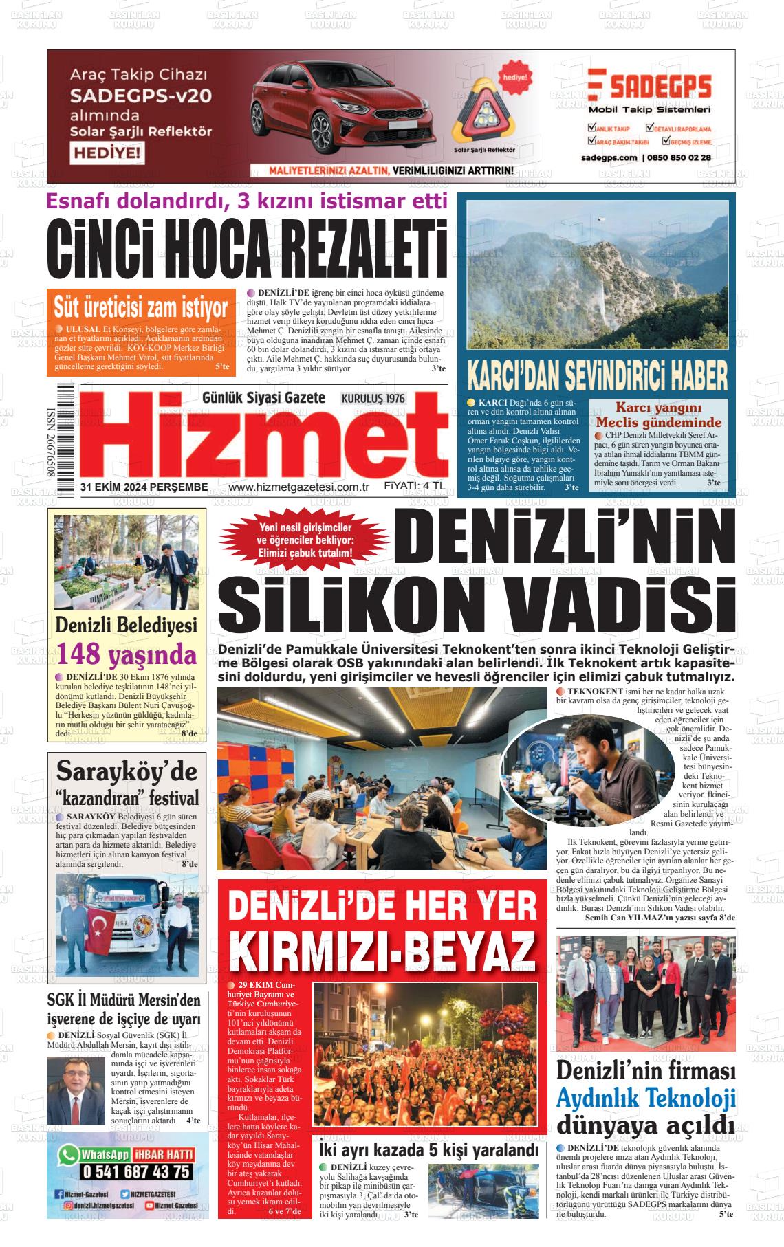 31 Ekim 2024 Hizmet Gazete Manşeti