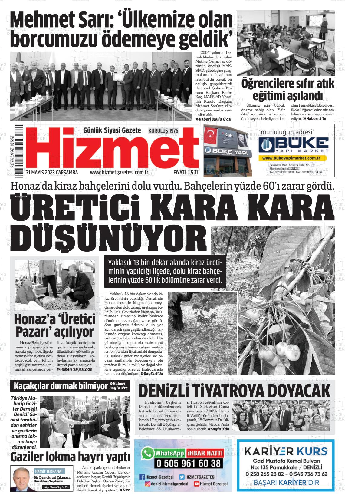 31 Mayıs 2023 Hizmet Gazete Manşeti