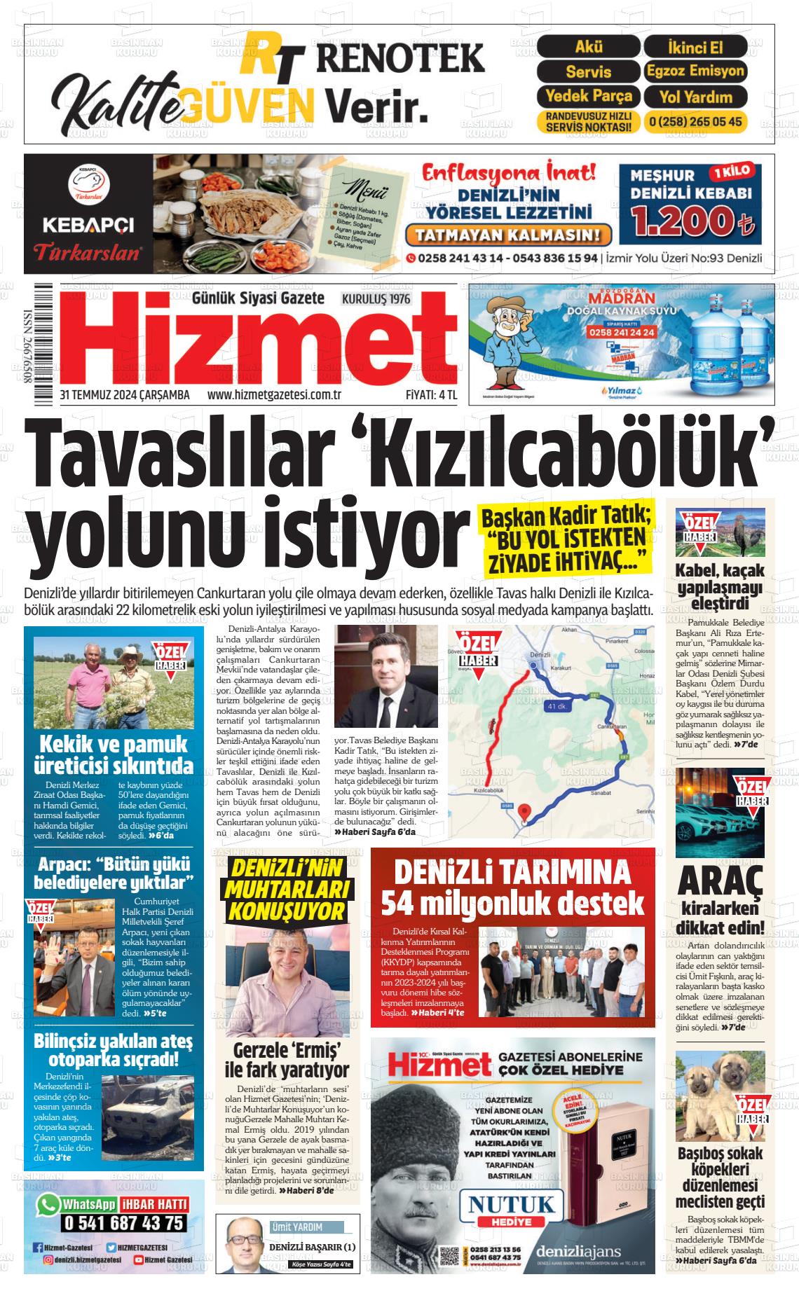 31 Temmuz 2024 Hizmet Gazete Manşeti