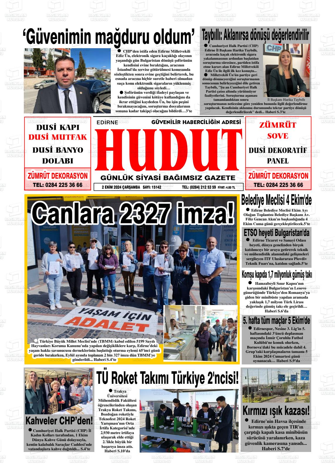 02 Ekim 2024 Hudut Gazete Manşeti