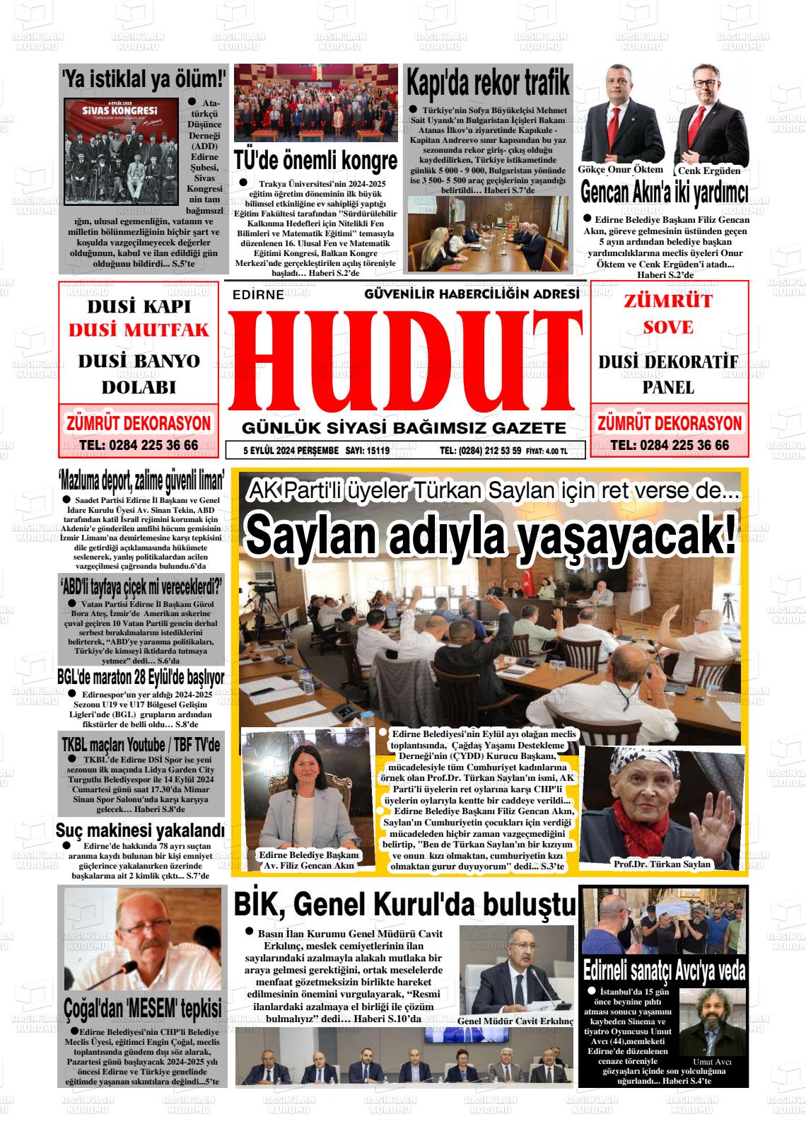 05 Eylül 2024 Hudut Gazete Manşeti