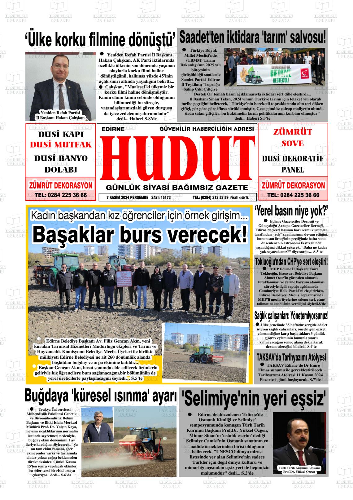 07 Kasım 2024 Hudut Gazete Manşeti