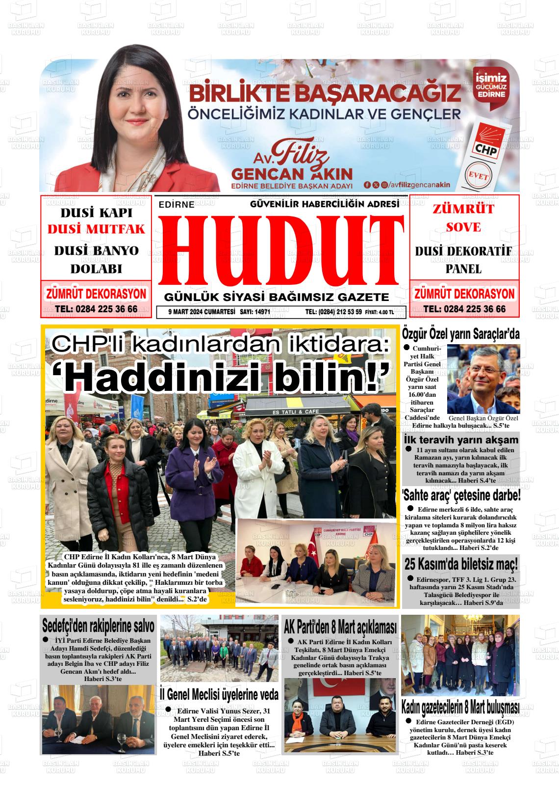 09 Mart 2024 Hudut Gazete Manşeti