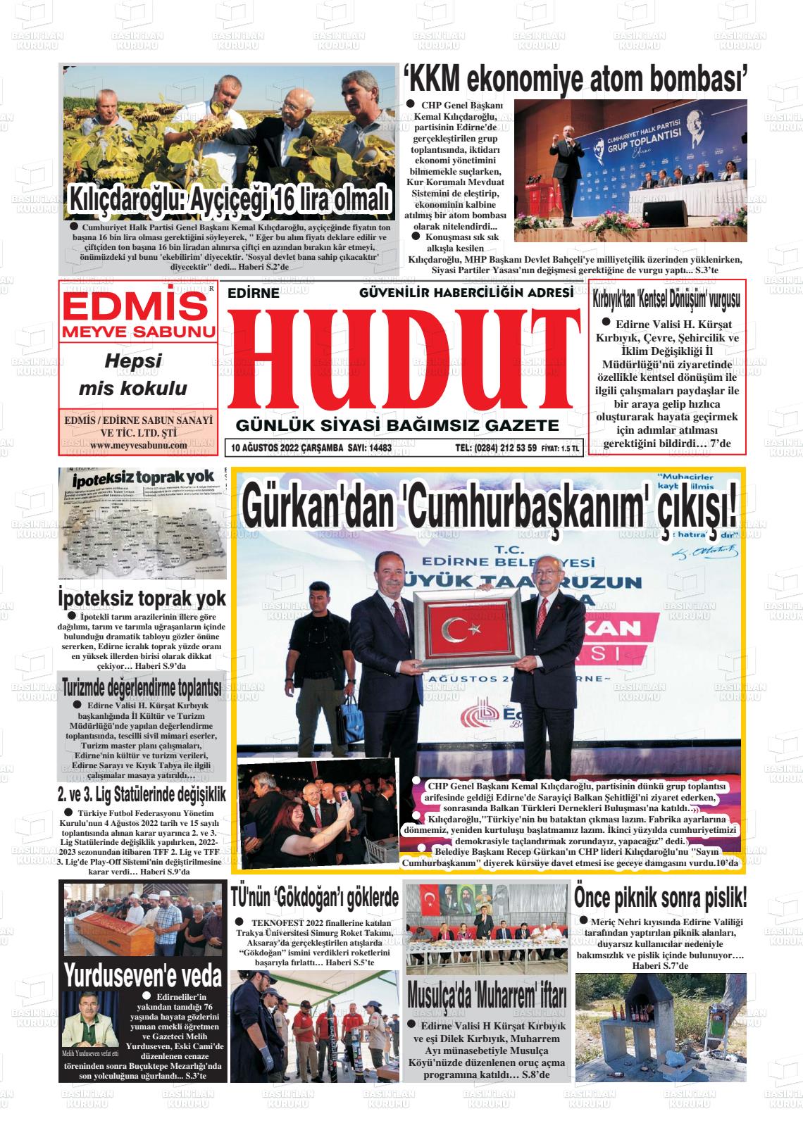 10 Ağustos 2022 Hudut Gazete Manşeti