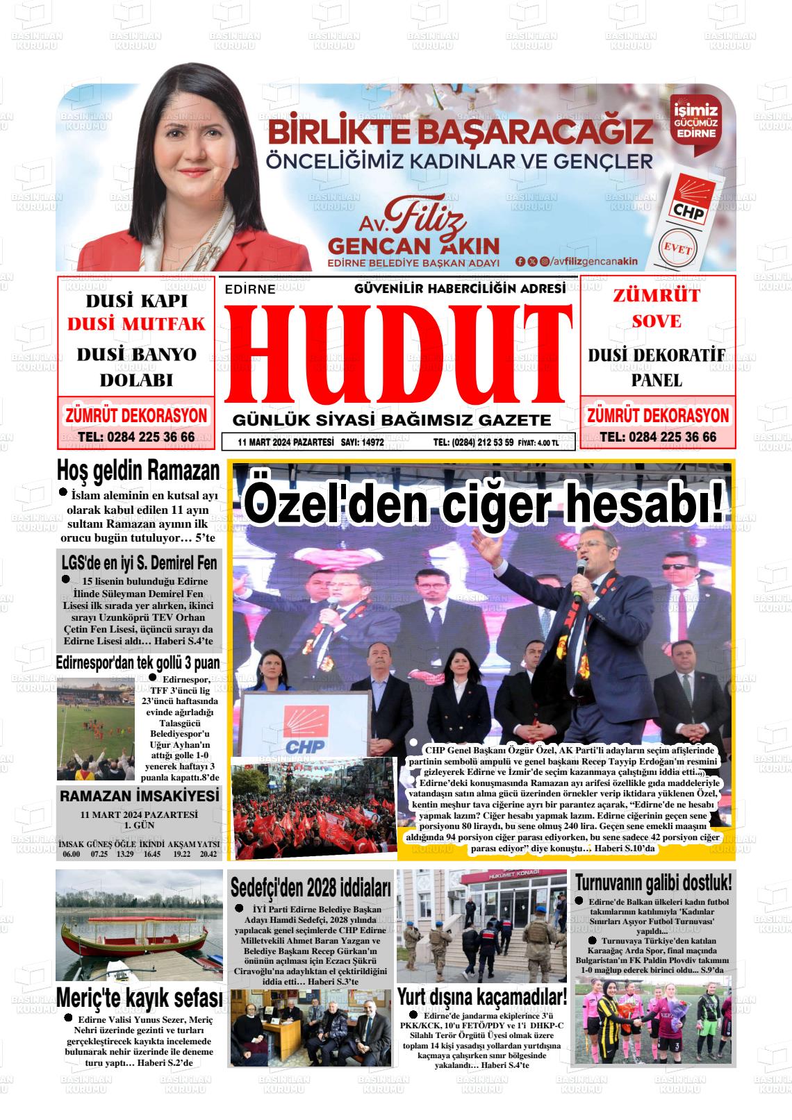 11 Mart 2024 Hudut Gazete Manşeti