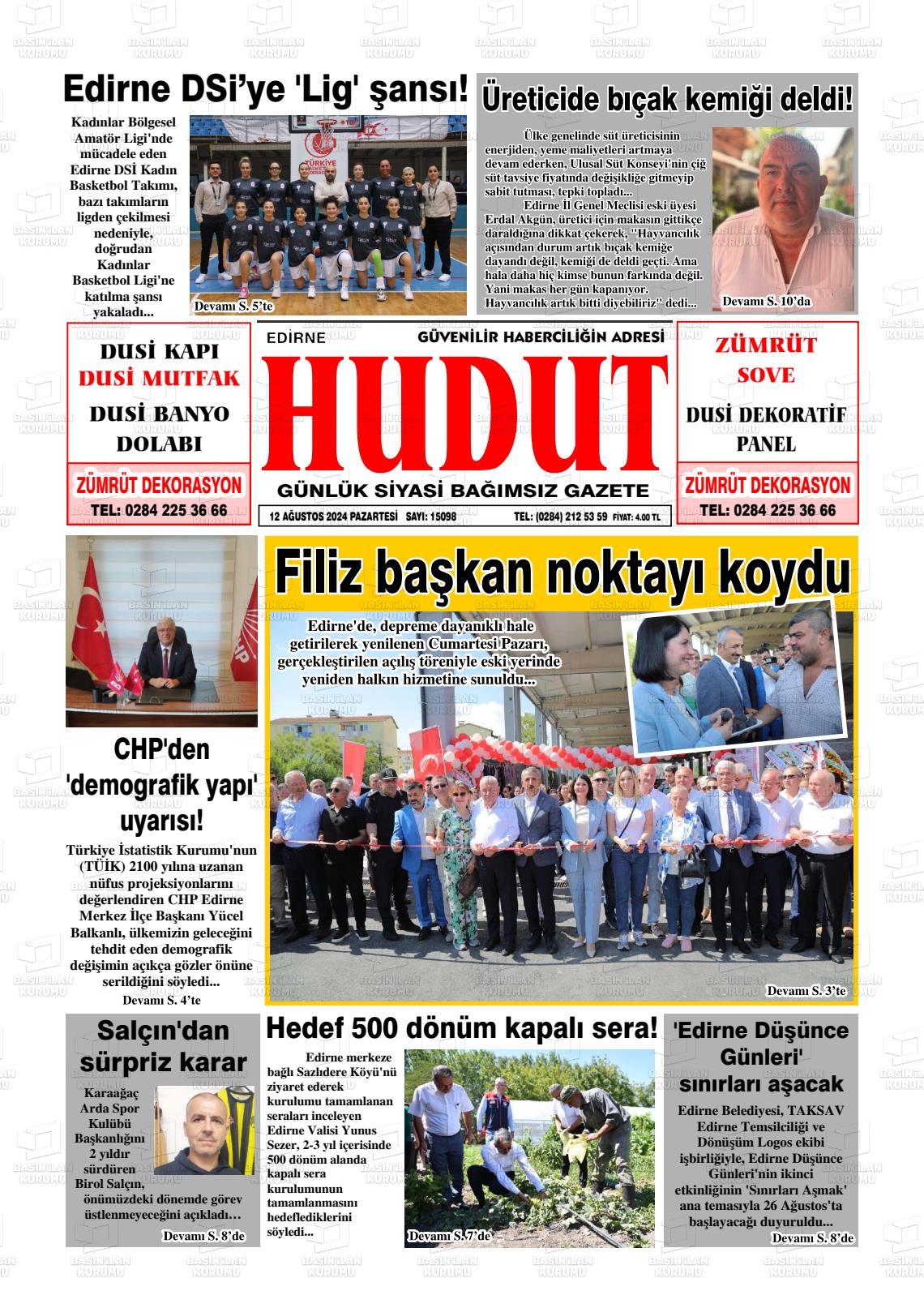 12 Ağustos 2024 Hudut Gazete Manşeti