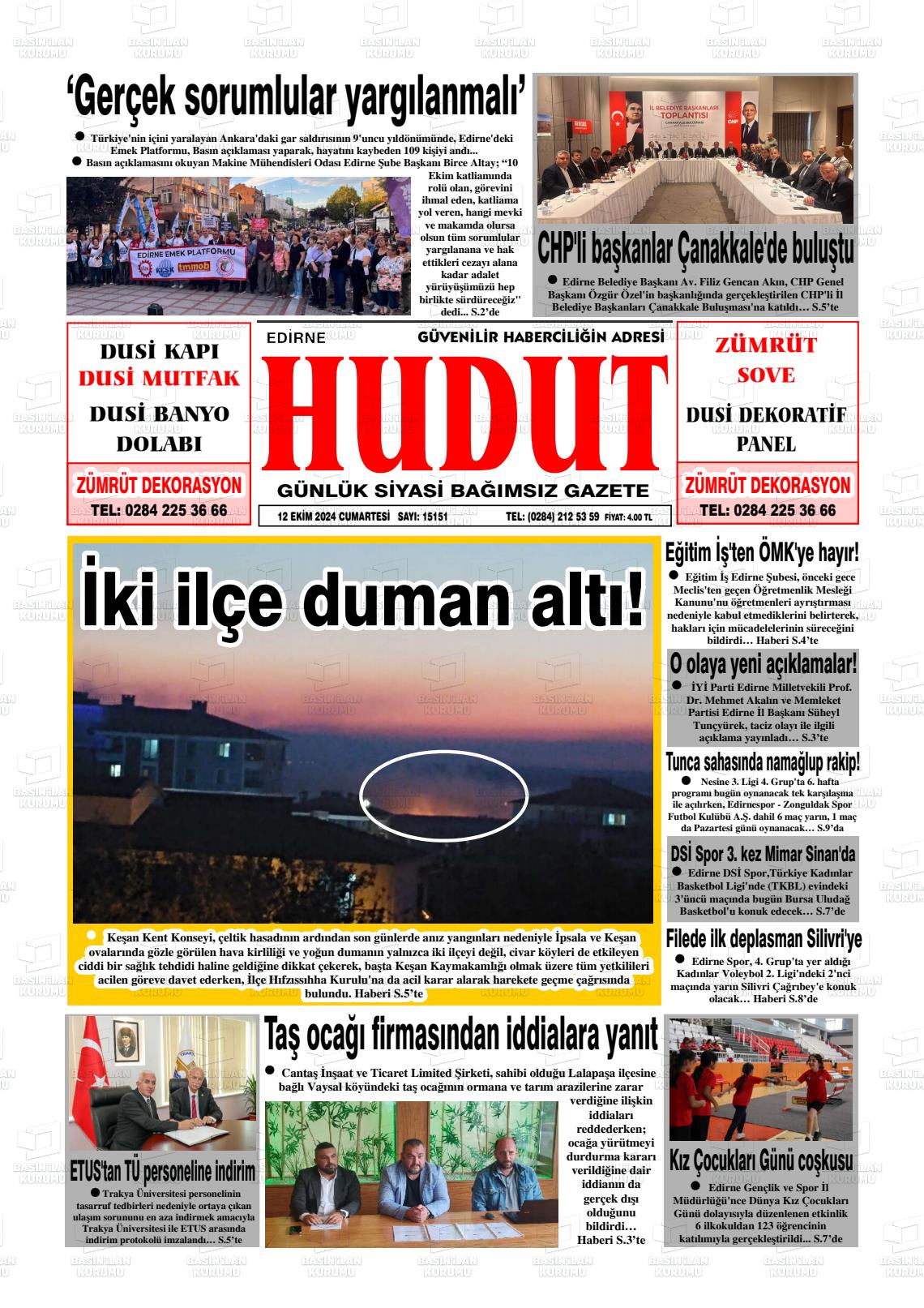 12 Ekim 2024 Hudut Gazete Manşeti