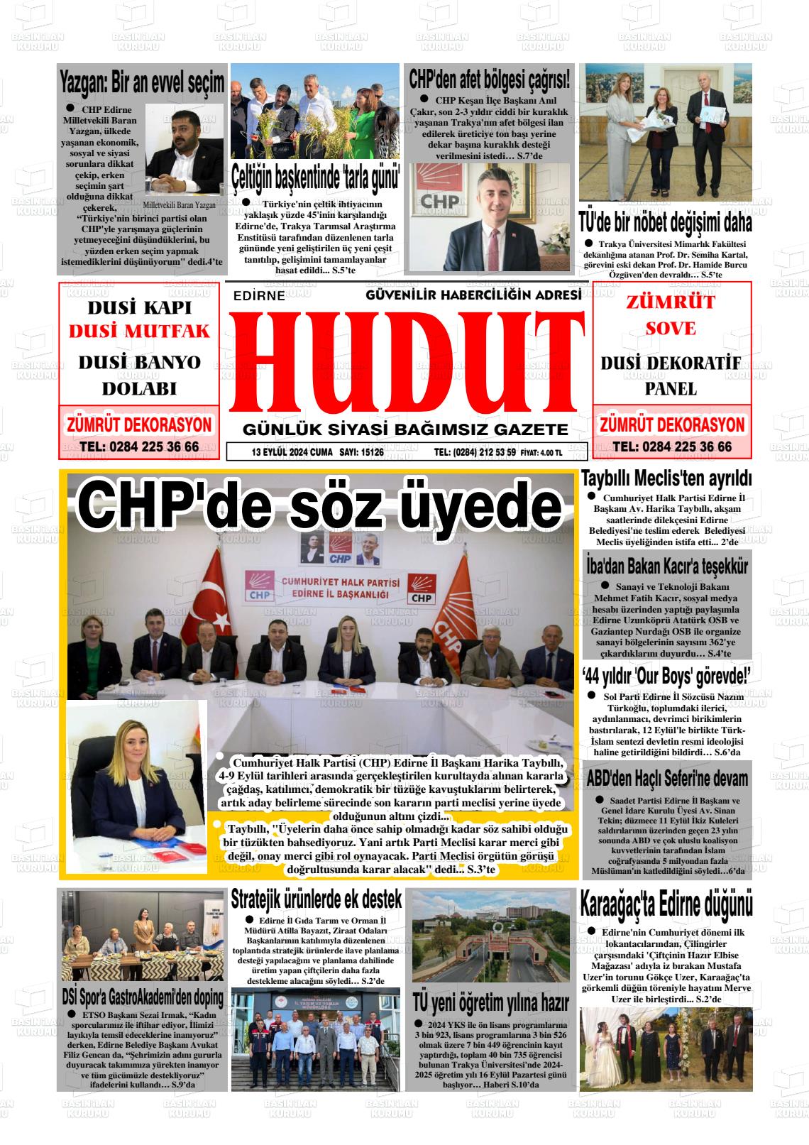 13 Eylül 2024 Hudut Gazete Manşeti