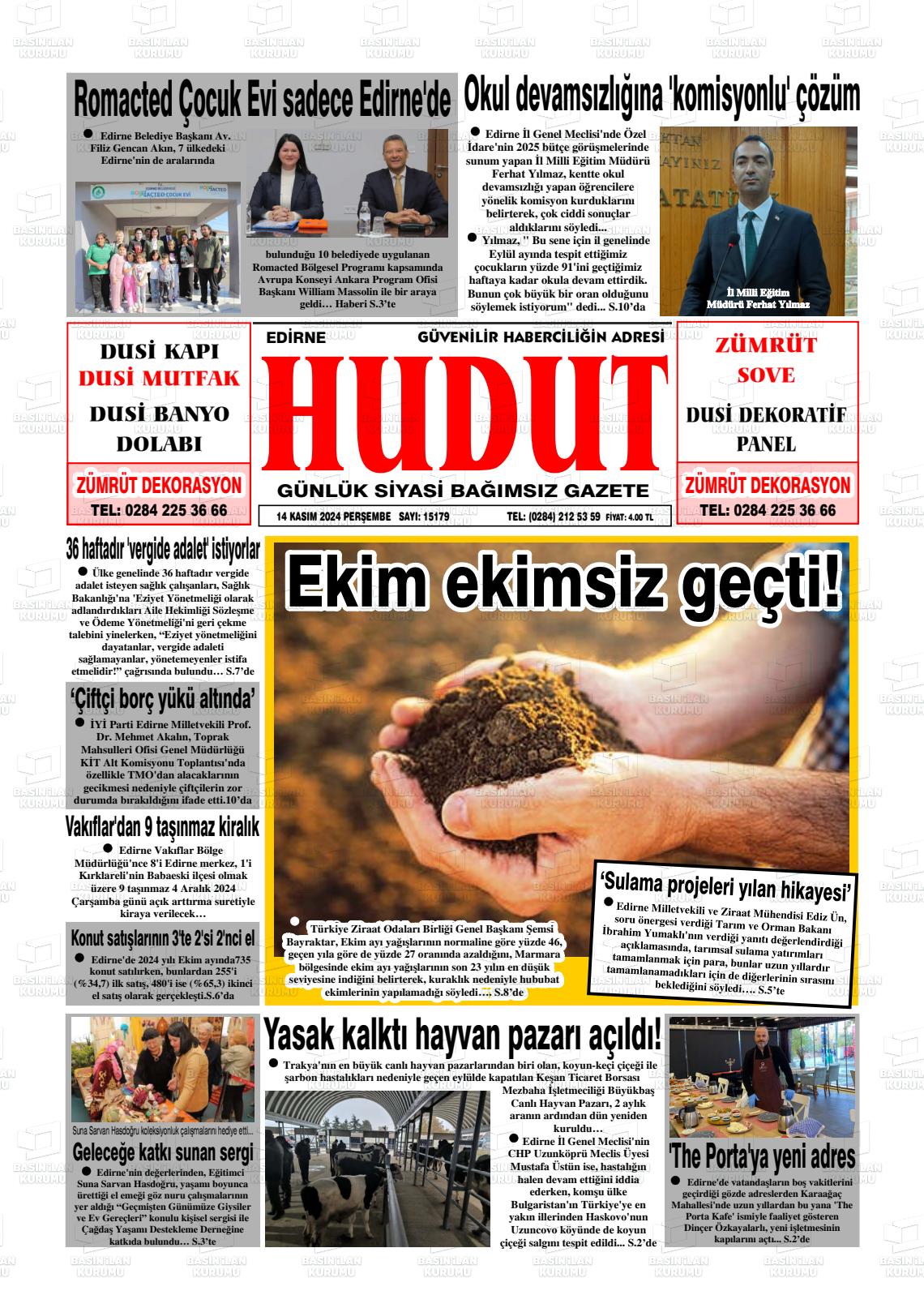 14 Kasım 2024 Hudut Gazete Manşeti