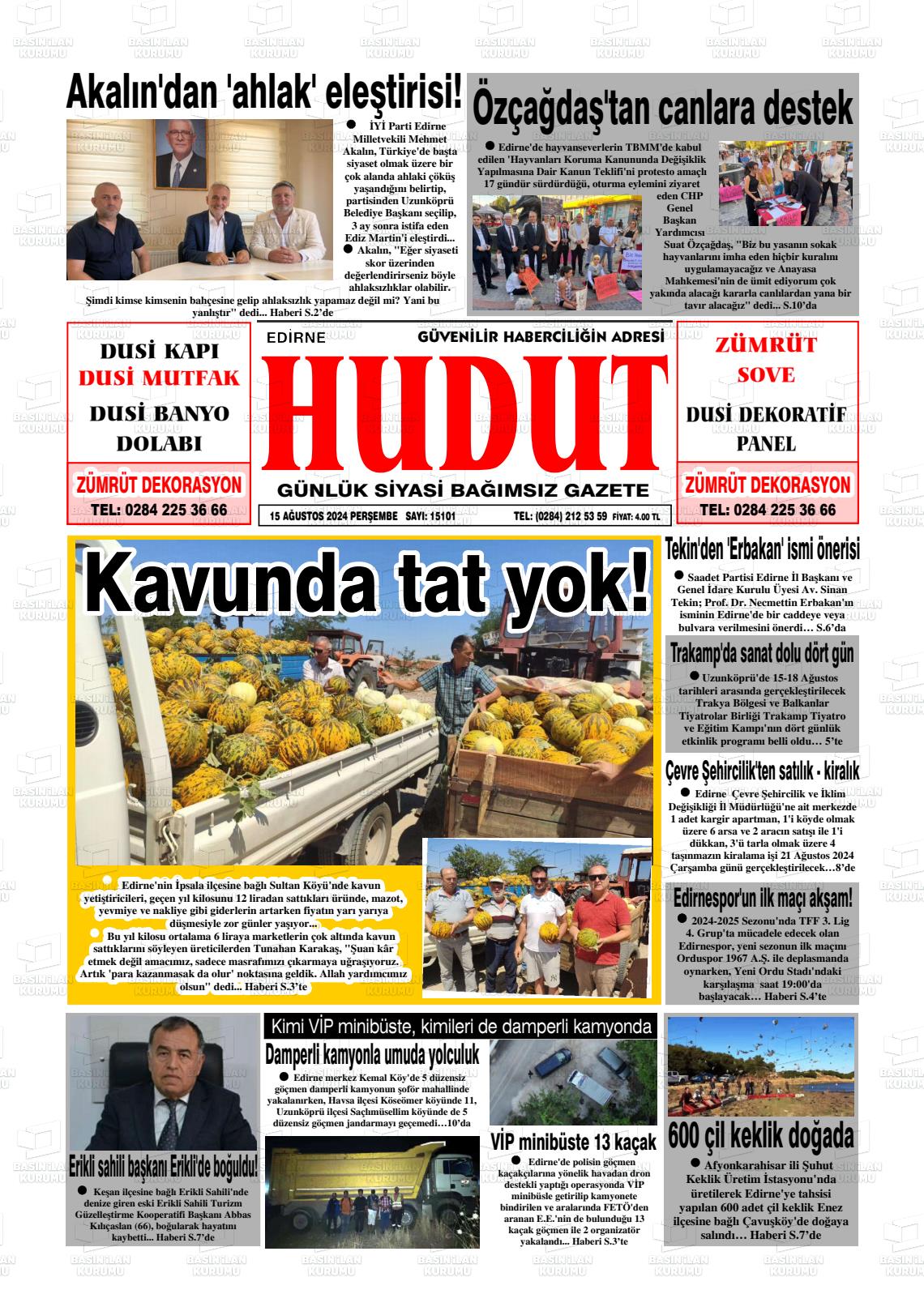 15 Ağustos 2024 Hudut Gazete Manşeti