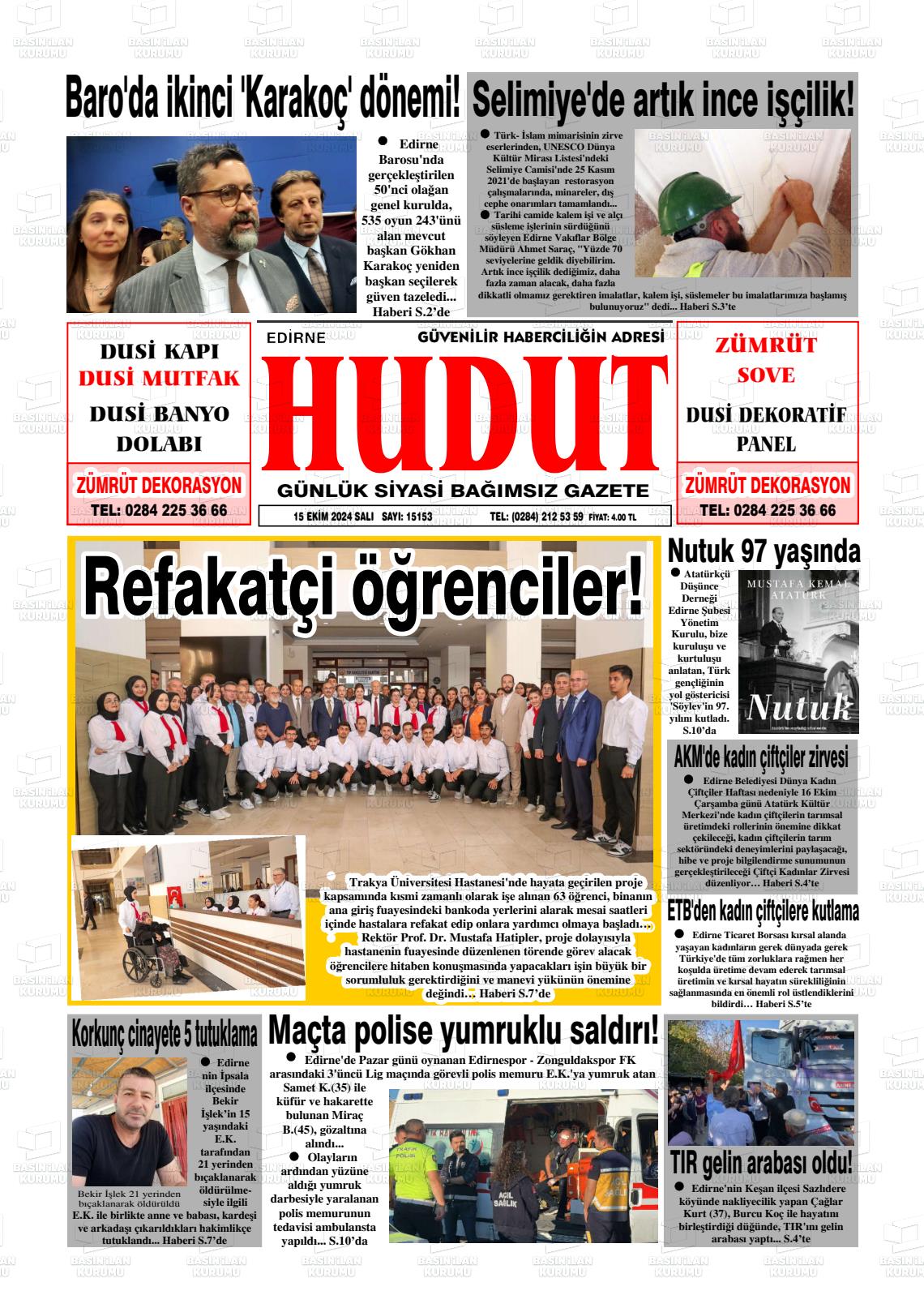 15 Ekim 2024 Hudut Gazete Manşeti