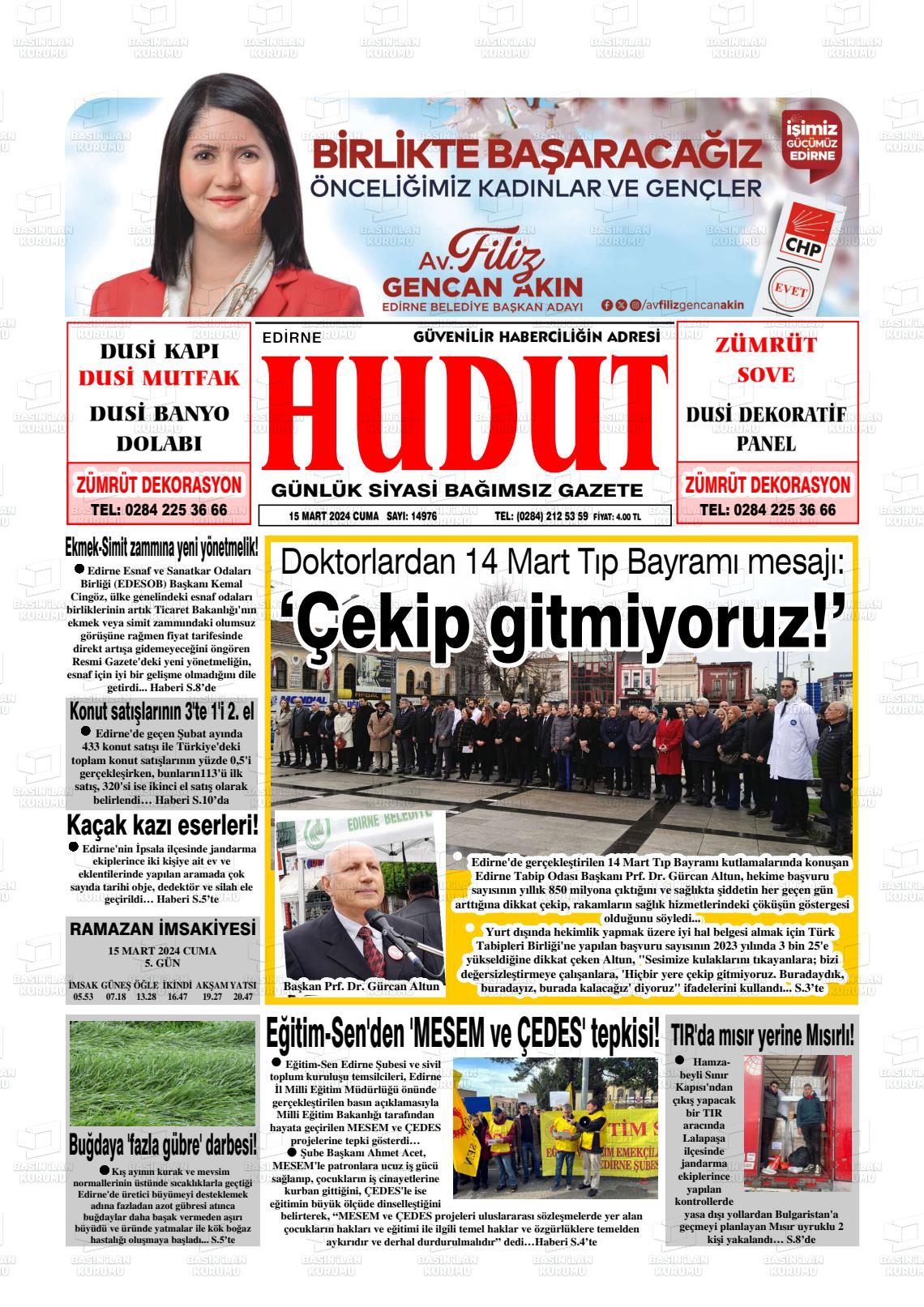 15 Mart 2024 Hudut Gazete Manşeti