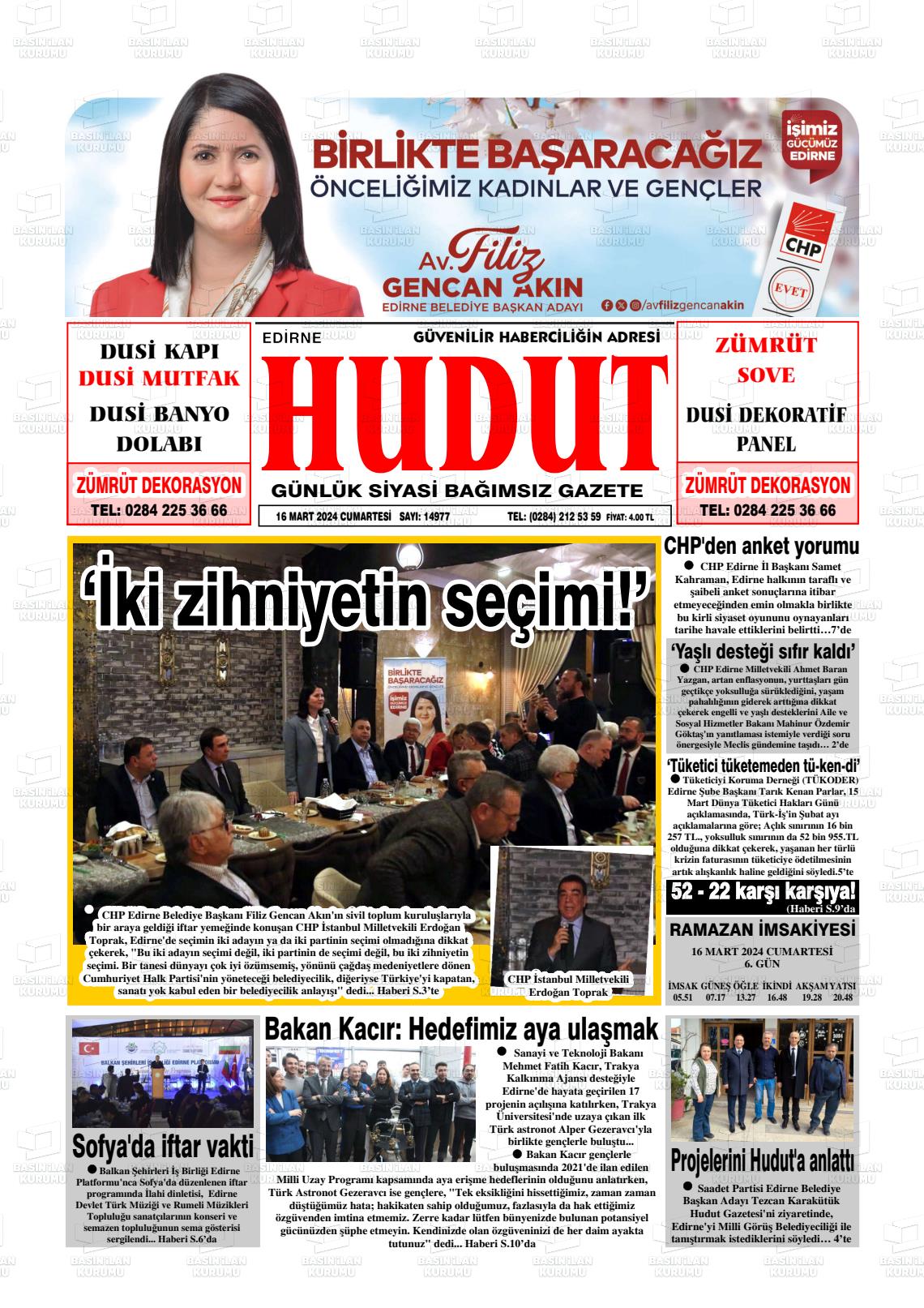 16 Mart 2024 Hudut Gazete Manşeti