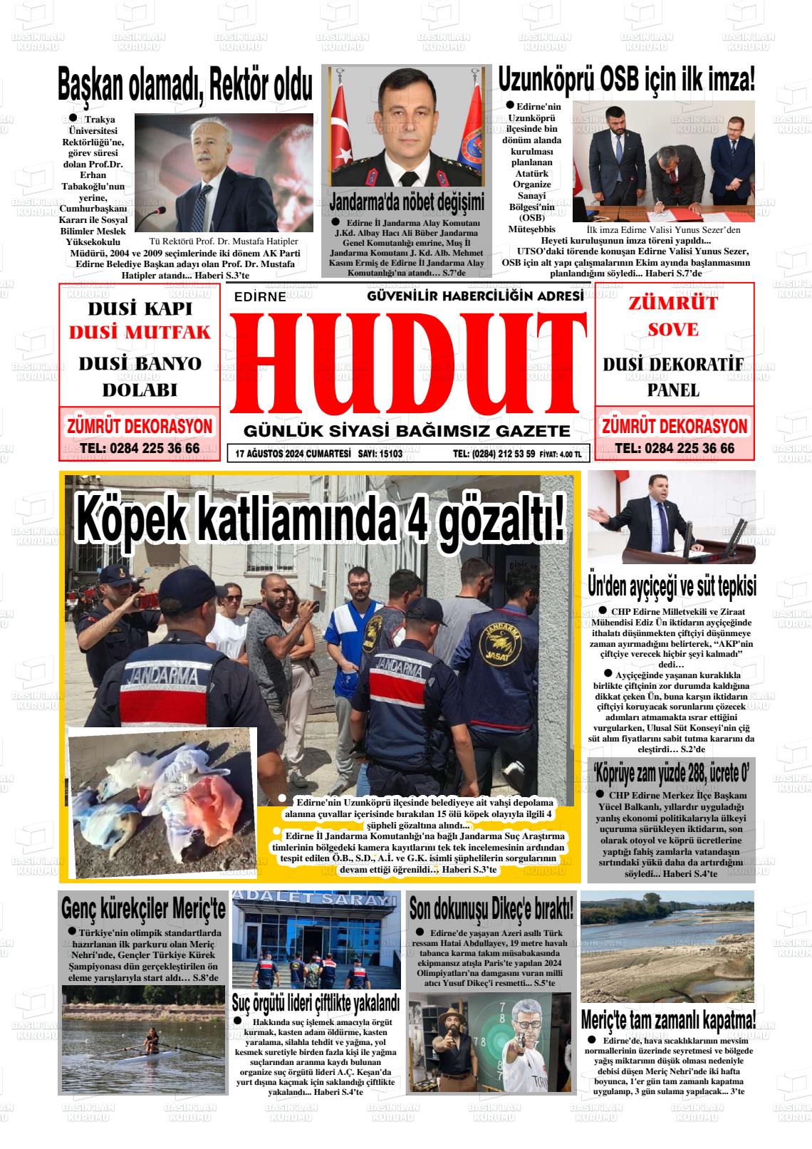 17 Ağustos 2024 Hudut Gazete Manşeti