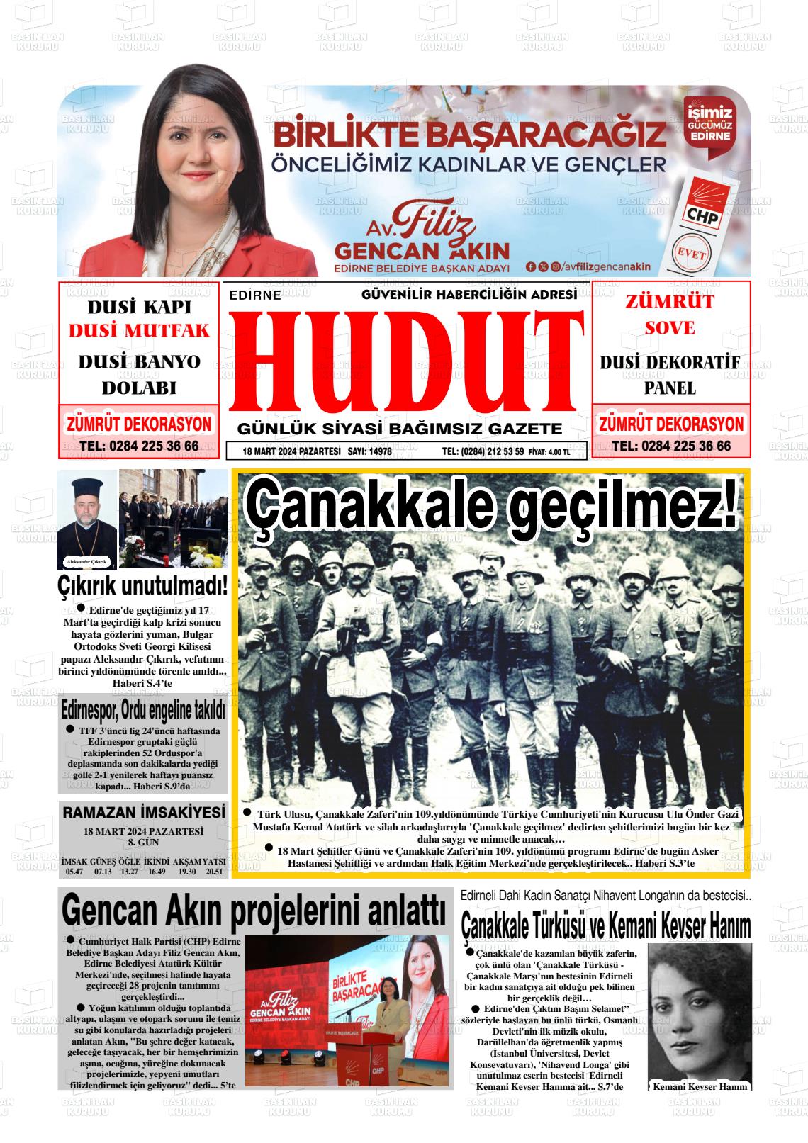 18 Mart 2024 Hudut Gazete Manşeti