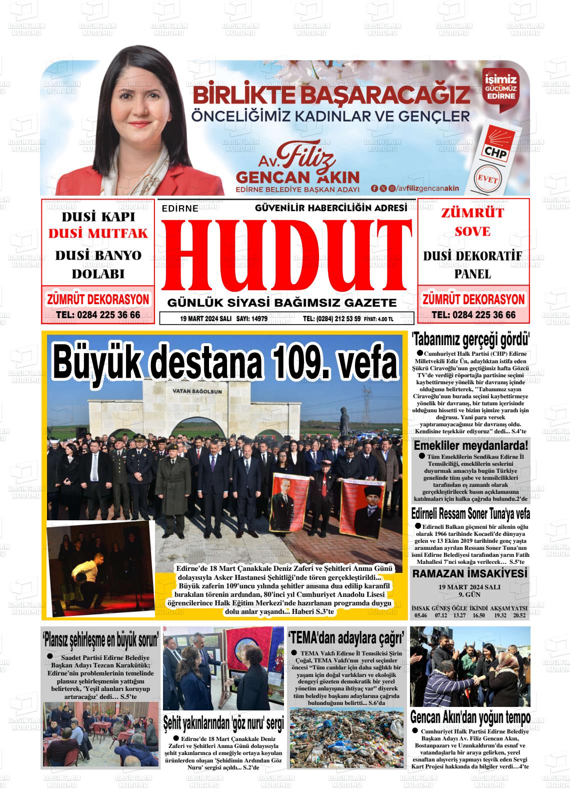 19 Mart 2024 Hudut Gazete Manşeti