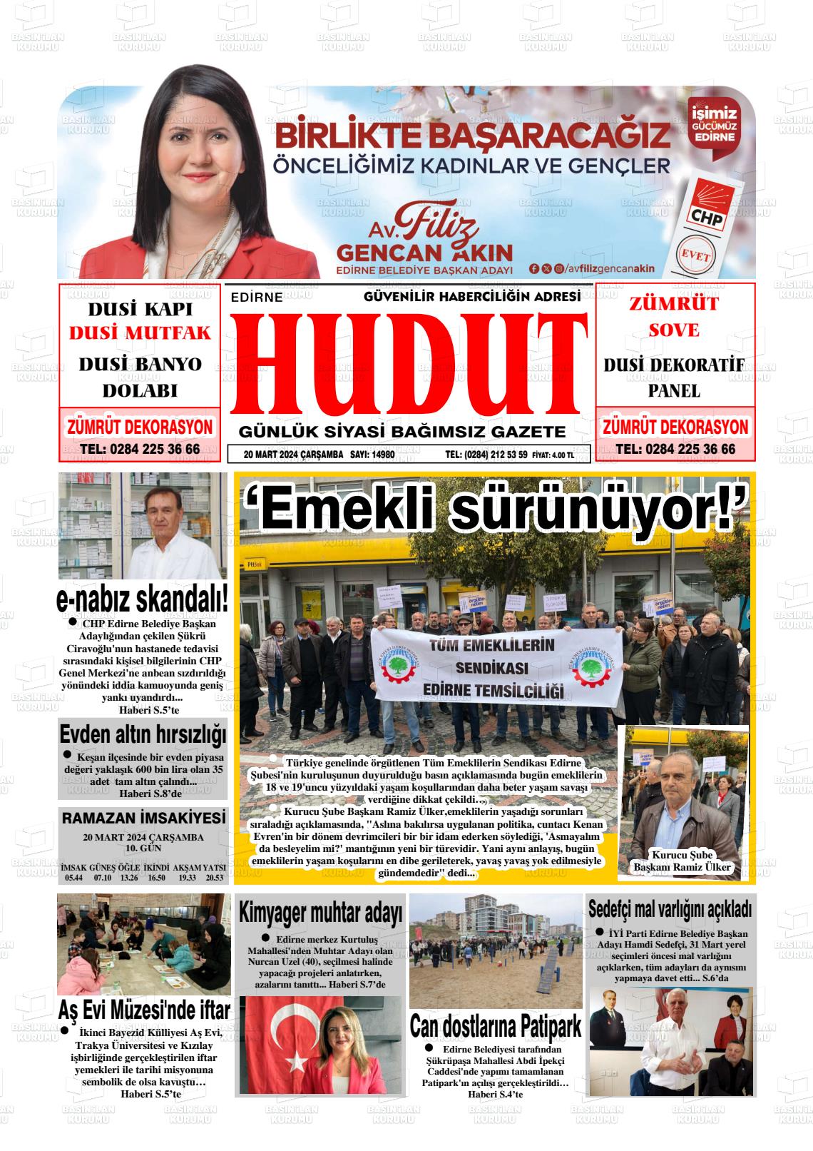 20 Mart 2024 Hudut Gazete Manşeti