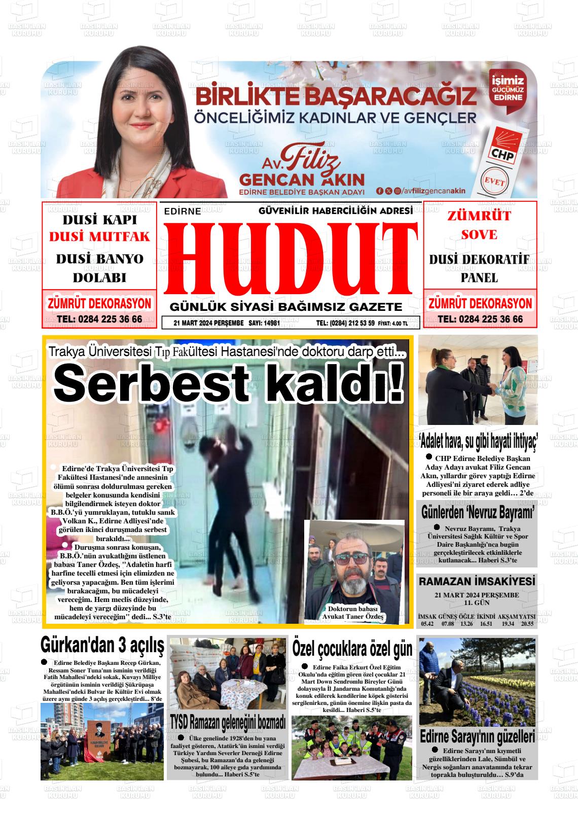 21 Mart 2024 Hudut Gazete Manşeti