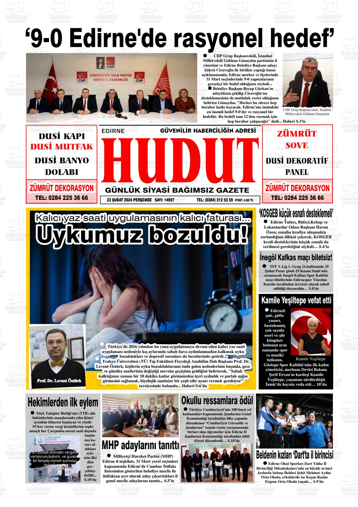 22 Şubat 2024 Hudut Gazete Manşeti