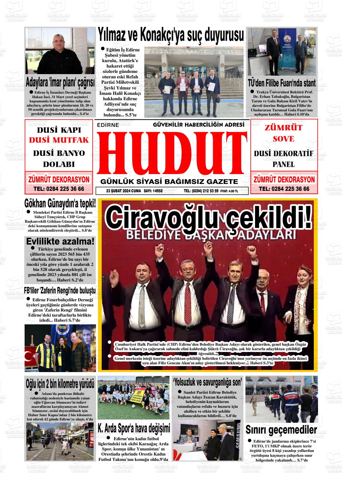 23 Şubat 2024 Hudut Gazete Manşeti