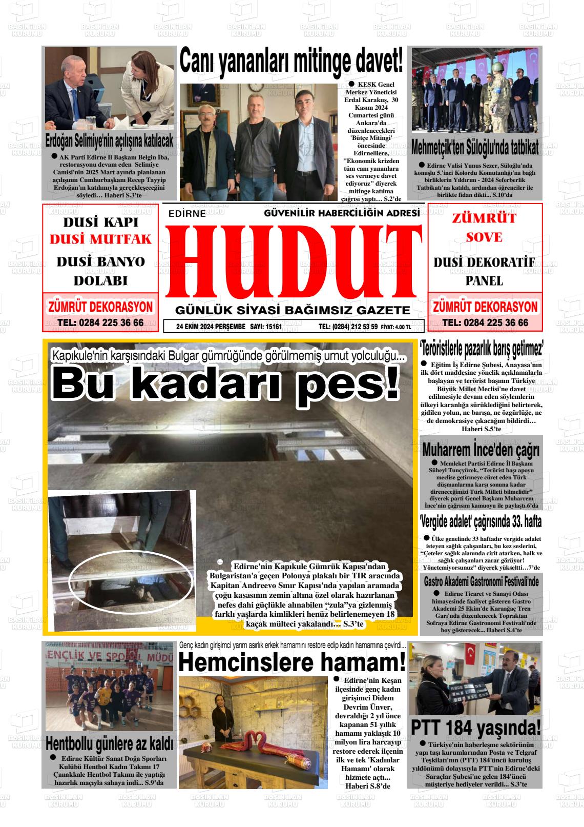 24 Ekim 2024 Hudut Gazete Manşeti