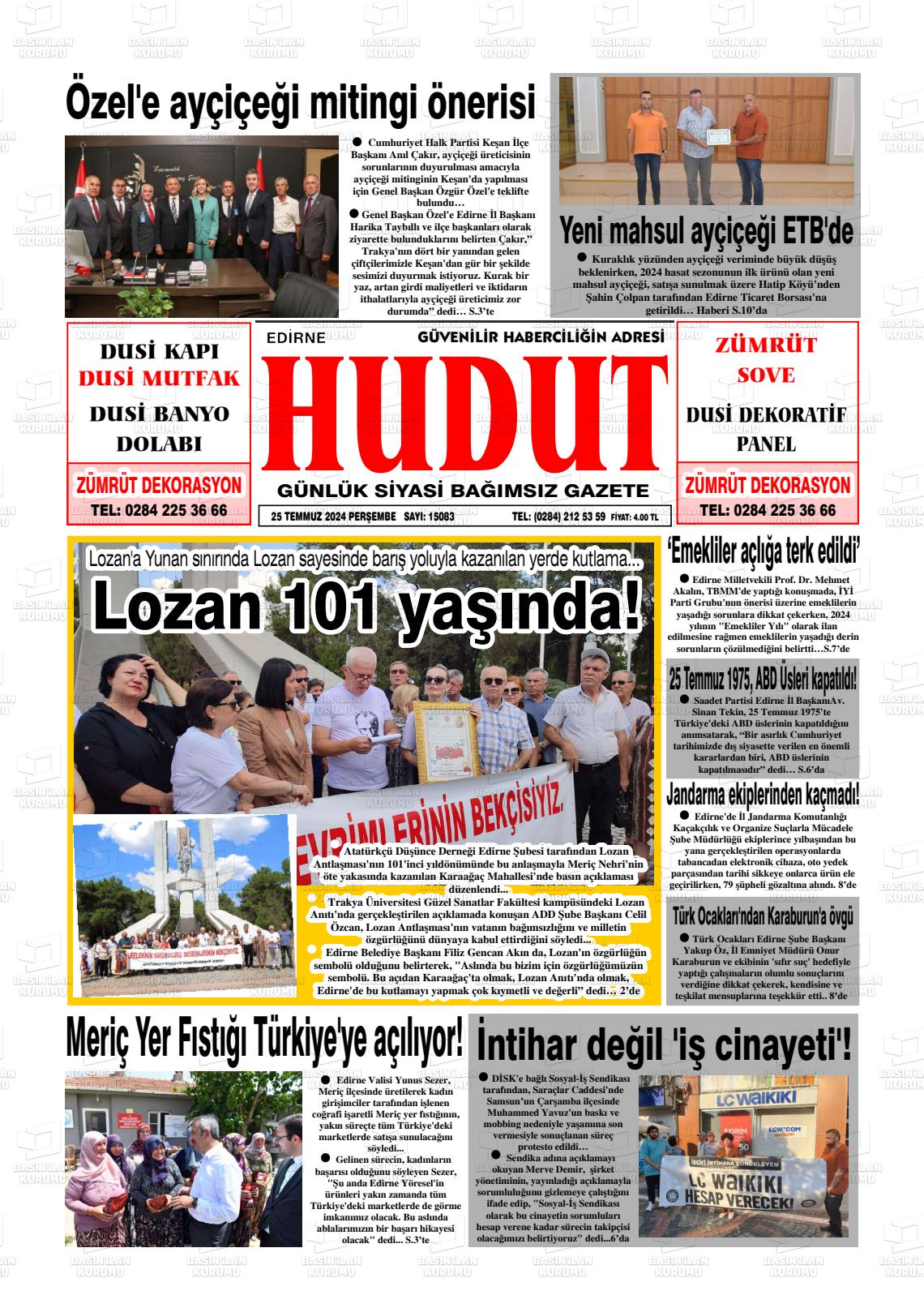 25 Temmuz 2024 Hudut Gazete Manşeti