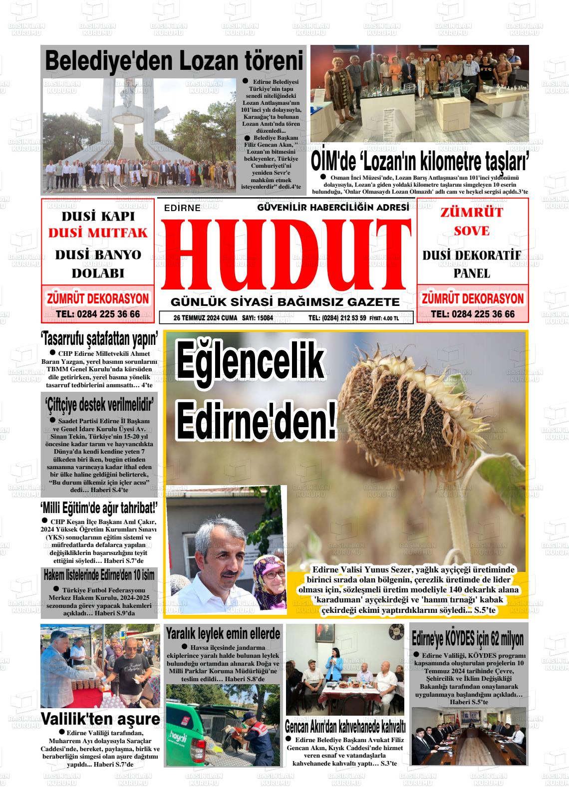 27 Temmuz 2024 Hudut Gazete Manşeti