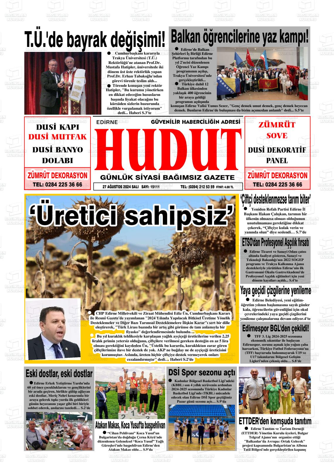 27 Ağustos 2024 Hudut Gazete Manşeti