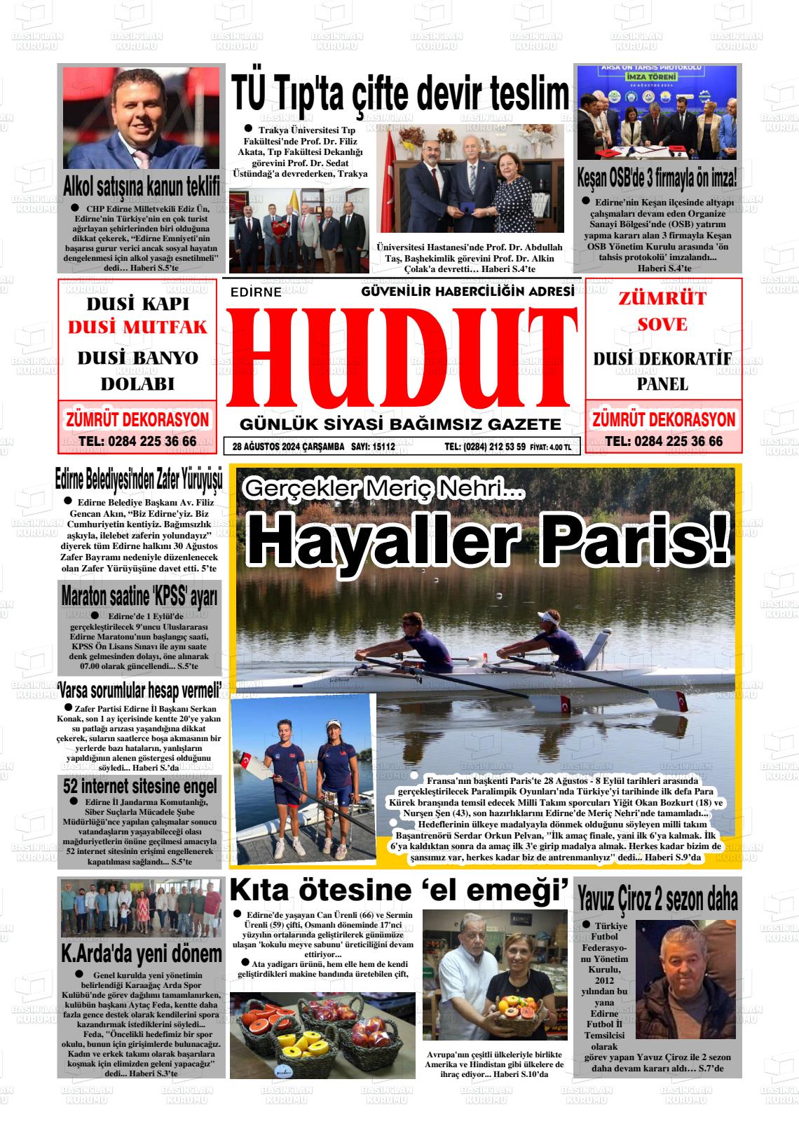 28 Ağustos 2024 Hudut Gazete Manşeti