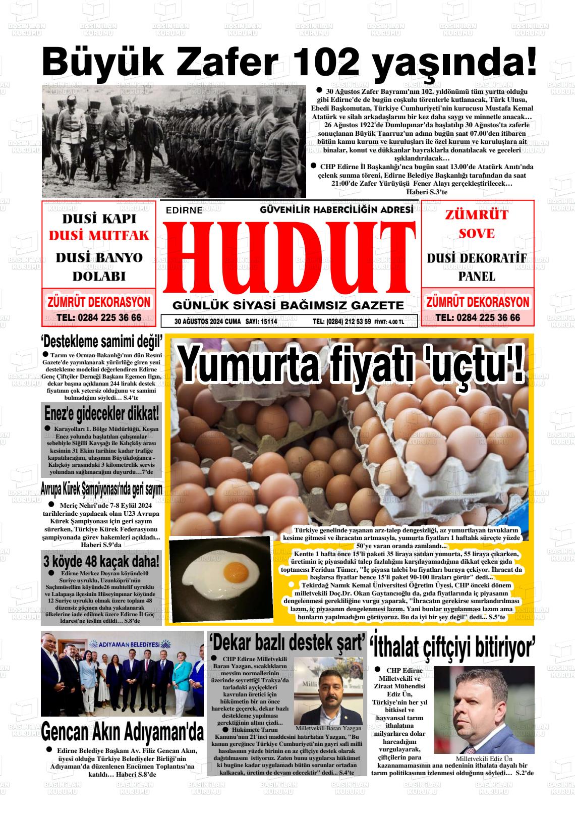 30 Ağustos 2024 Hudut Gazete Manşeti