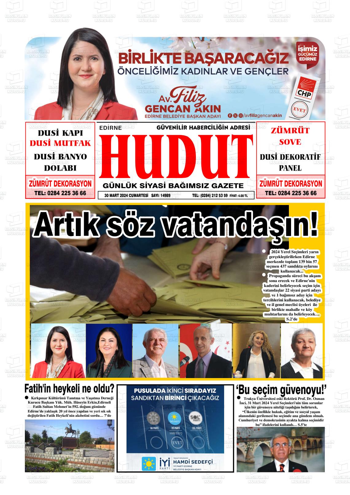 30 Mart 2024 Hudut Gazete Manşeti