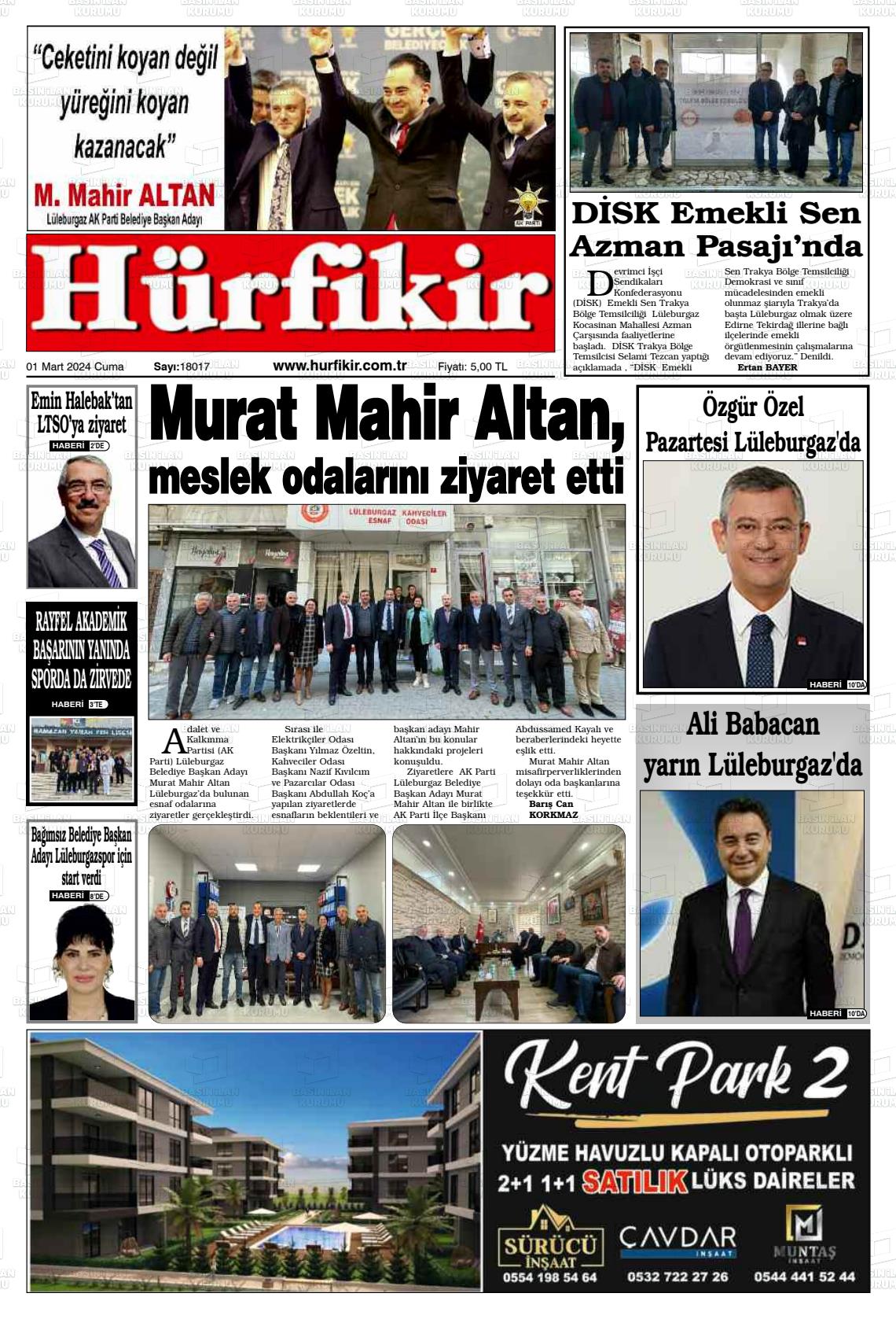 01 Mart 2024 Hürfikir Gazete Manşeti