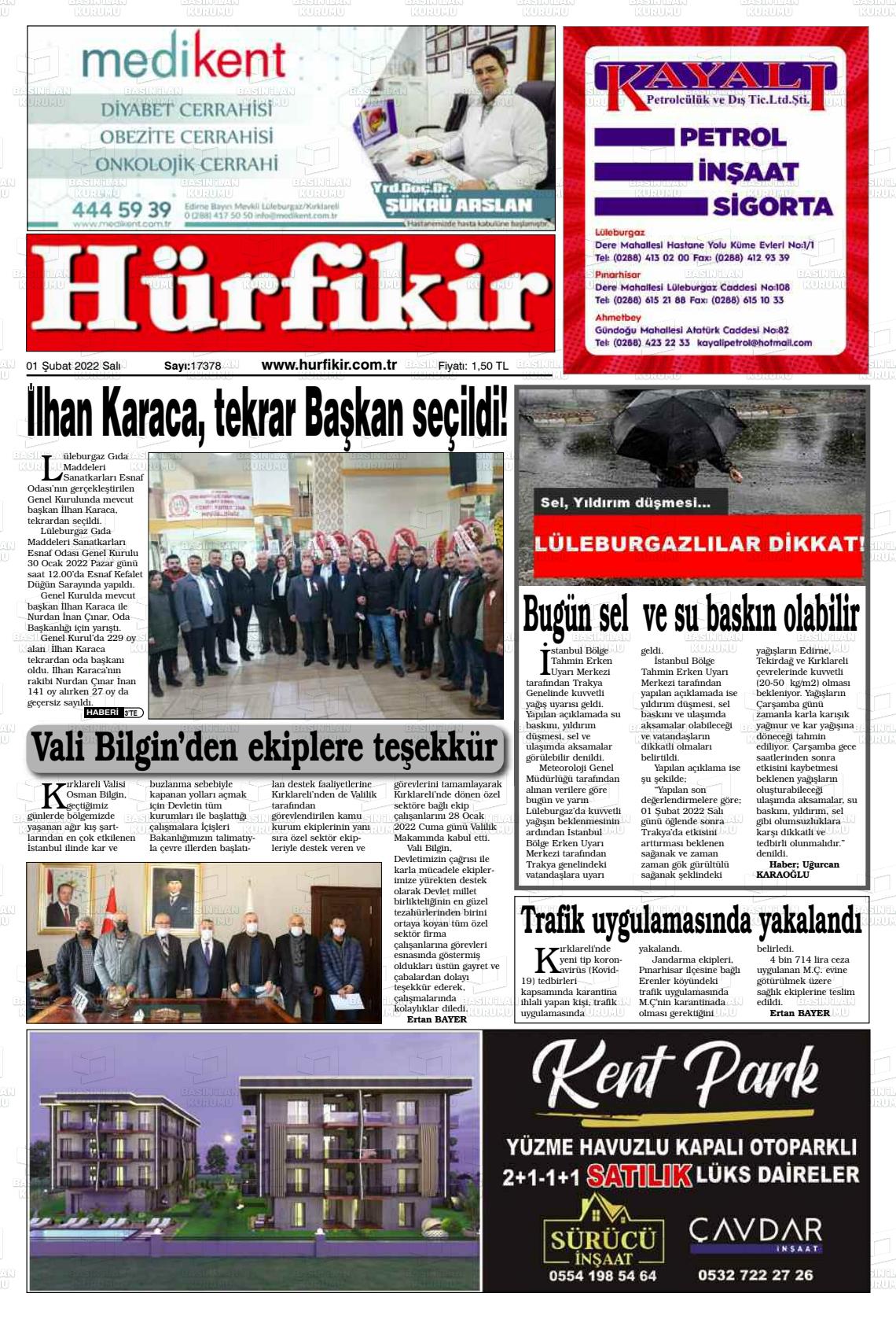 01 Şubat 2022 Hürfikir Gazete Manşeti