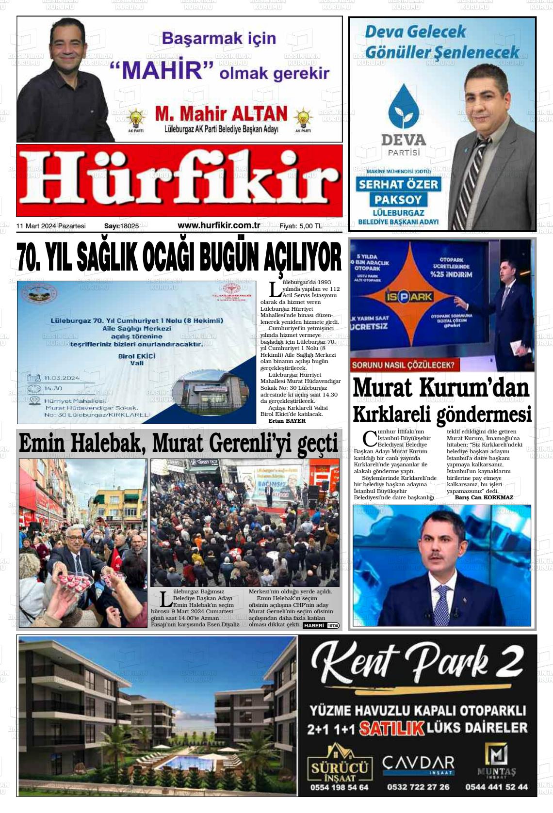 11 Mart 2024 Hürfikir Gazete Manşeti