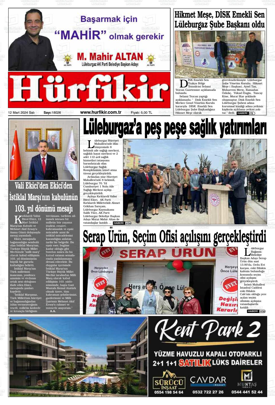 12 Mart 2024 Hürfikir Gazete Manşeti