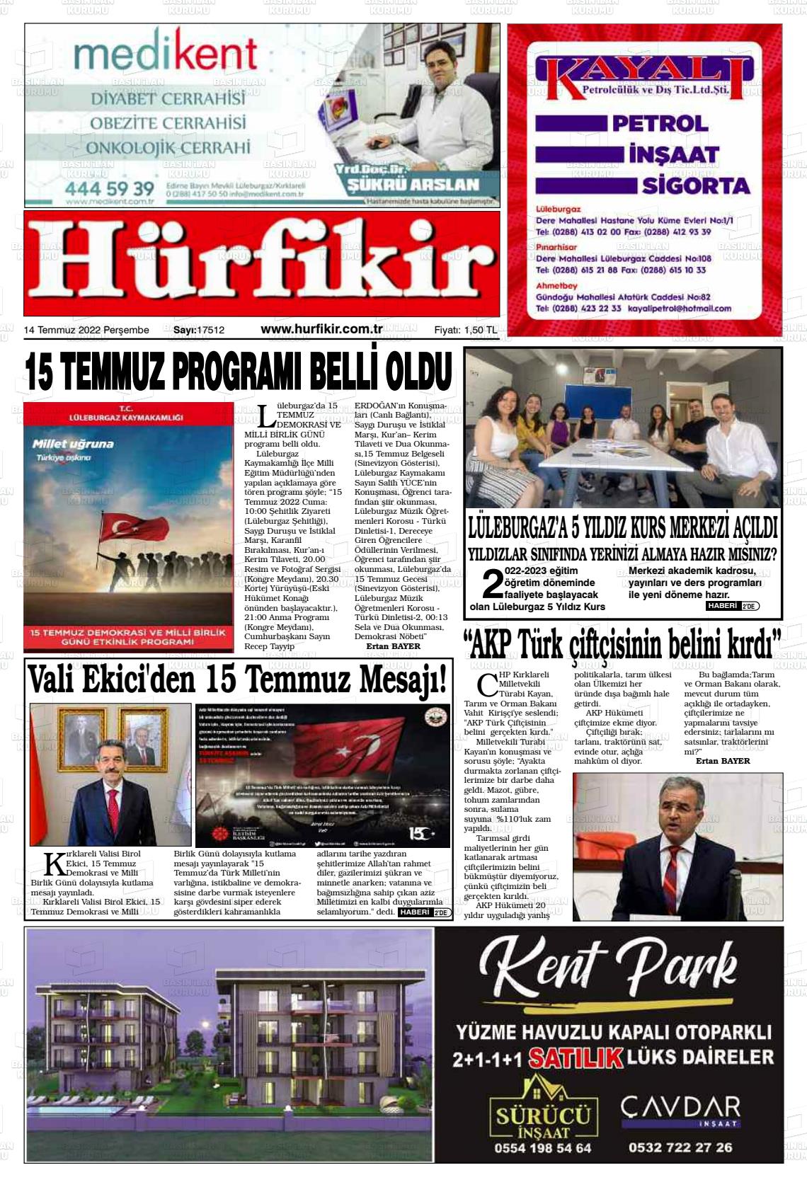 14 Temmuz 2022 Hürfikir Gazete Manşeti