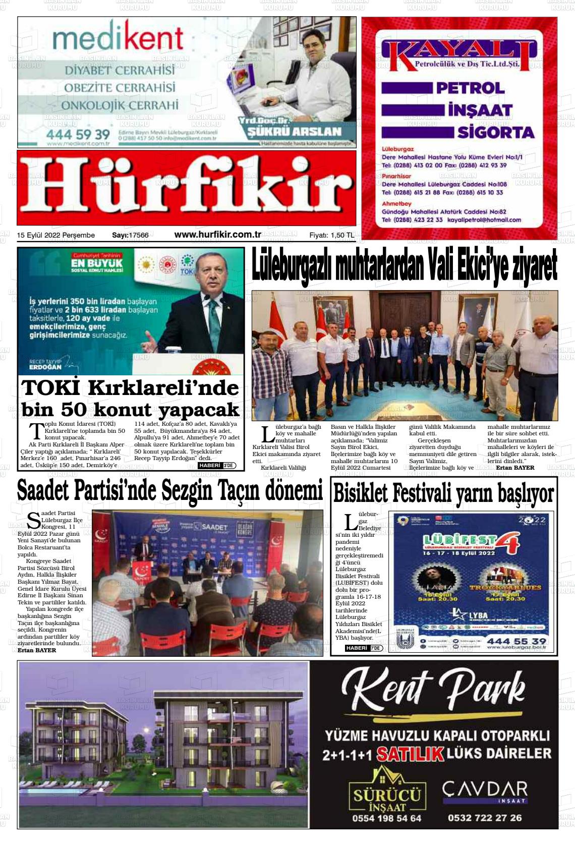 15 Eylül 2022 Hürfikir Gazete Manşeti