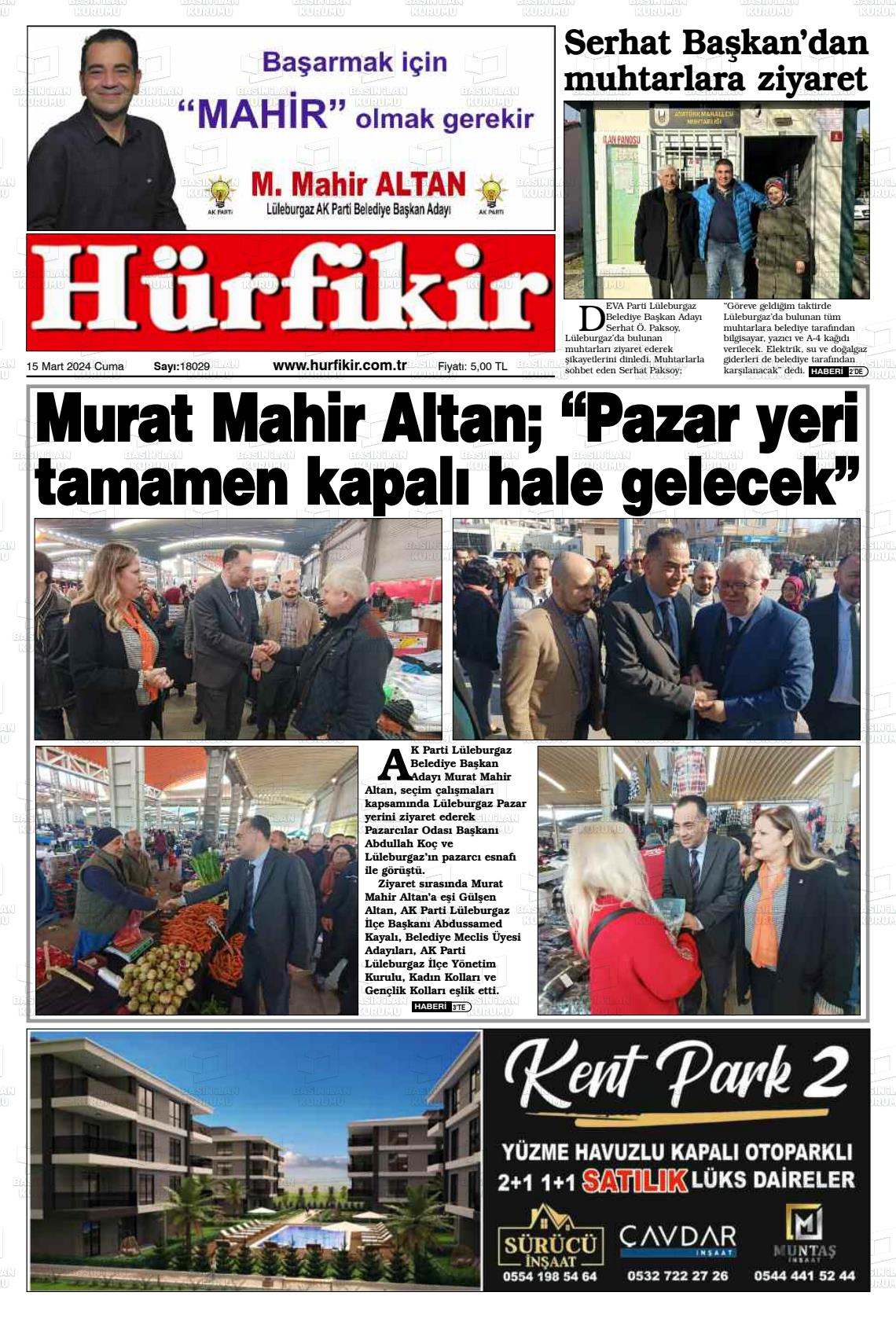 15 Mart 2024 Hürfikir Gazete Manşeti