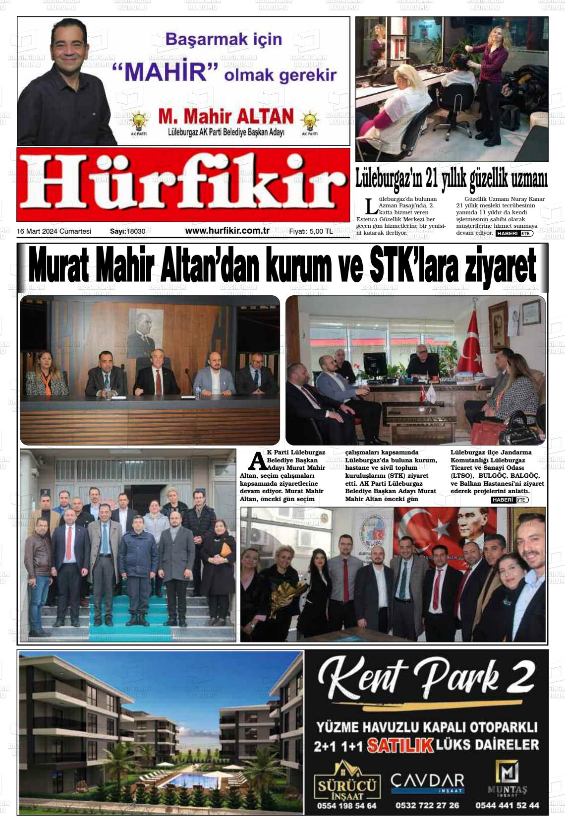 16 Mart 2024 Hürfikir Gazete Manşeti