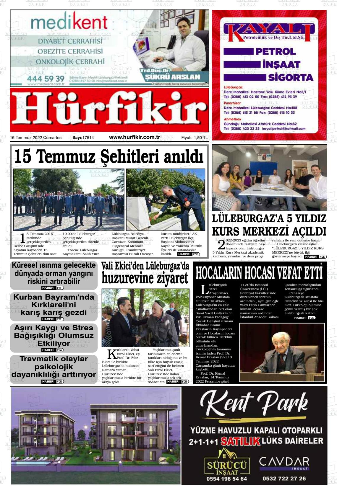 16 Temmuz 2022 Hürfikir Gazete Manşeti